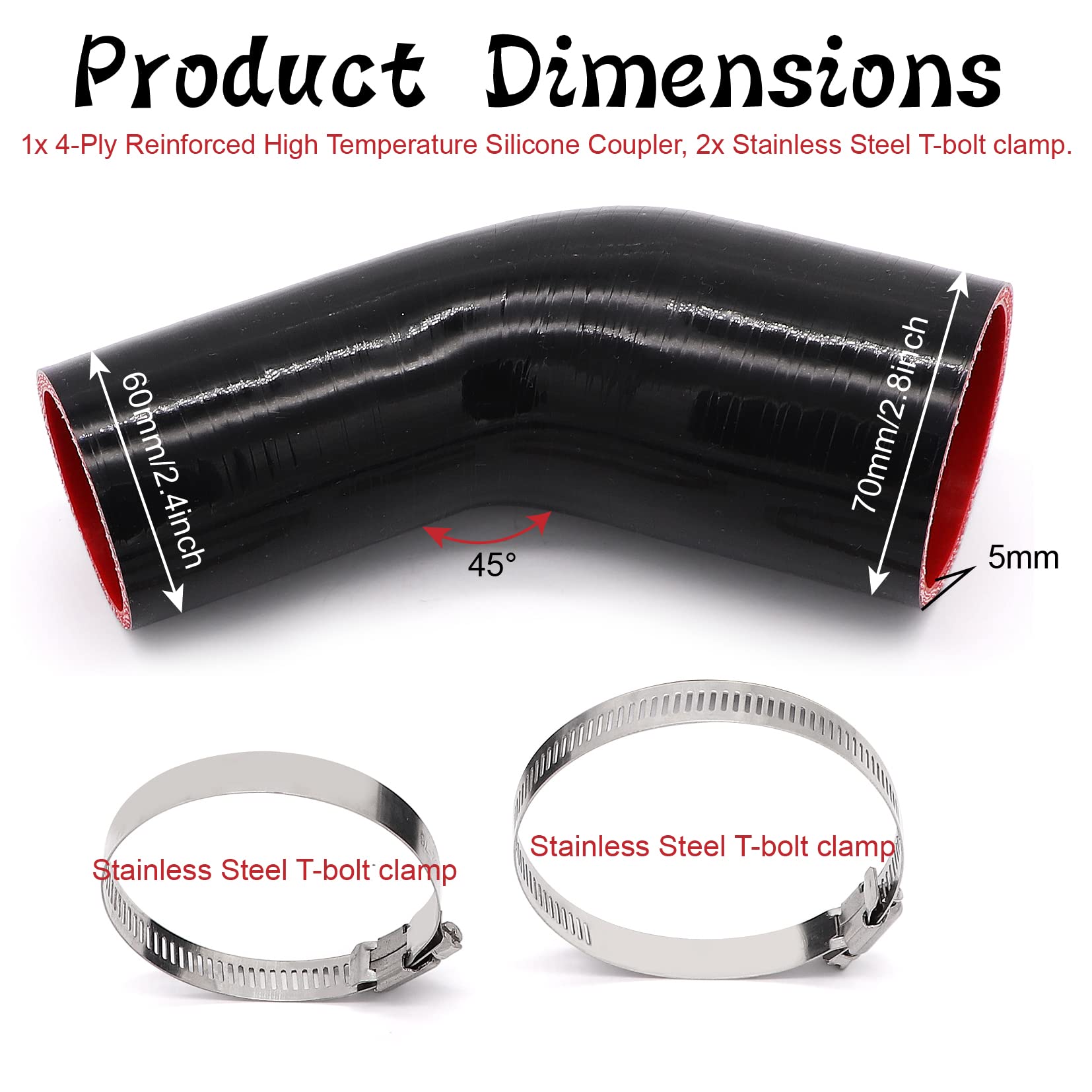 TuoLauthon 45 Degree 2 to 2-1/2 inch(51-63mm) Silicone Reducer Coupler Hose,4-Ply Reinforced,Length 4inch(102mm) with 2PCS clamp