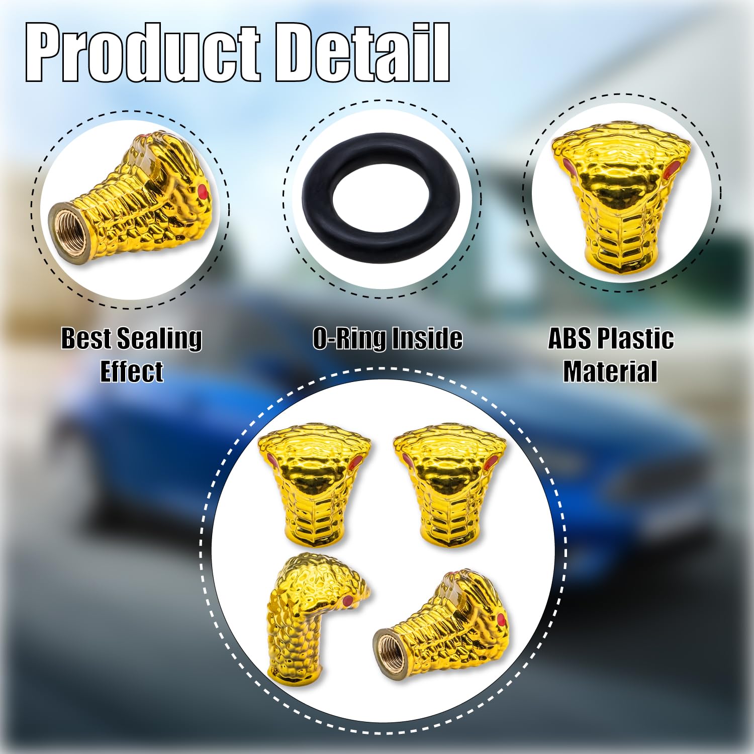 Meajoo 4Pcs Cobra Style Tire Valve Stem Caps, Snakehead Shape, Universal Copper Core Dustproof Tire Valve Stem Covers For Cars,