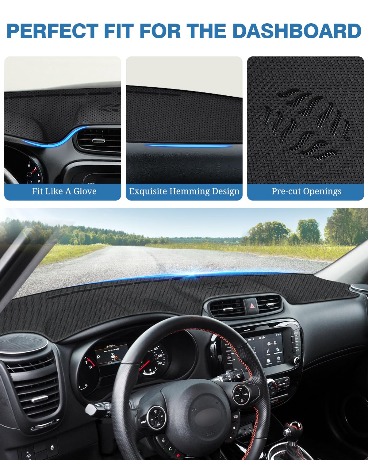 Fiilines Custom Fit For Dash Cover 2014-2019 Kia Soul Dashboard Mat Cover Sunshade Nonslip Mesh Protector No Glare