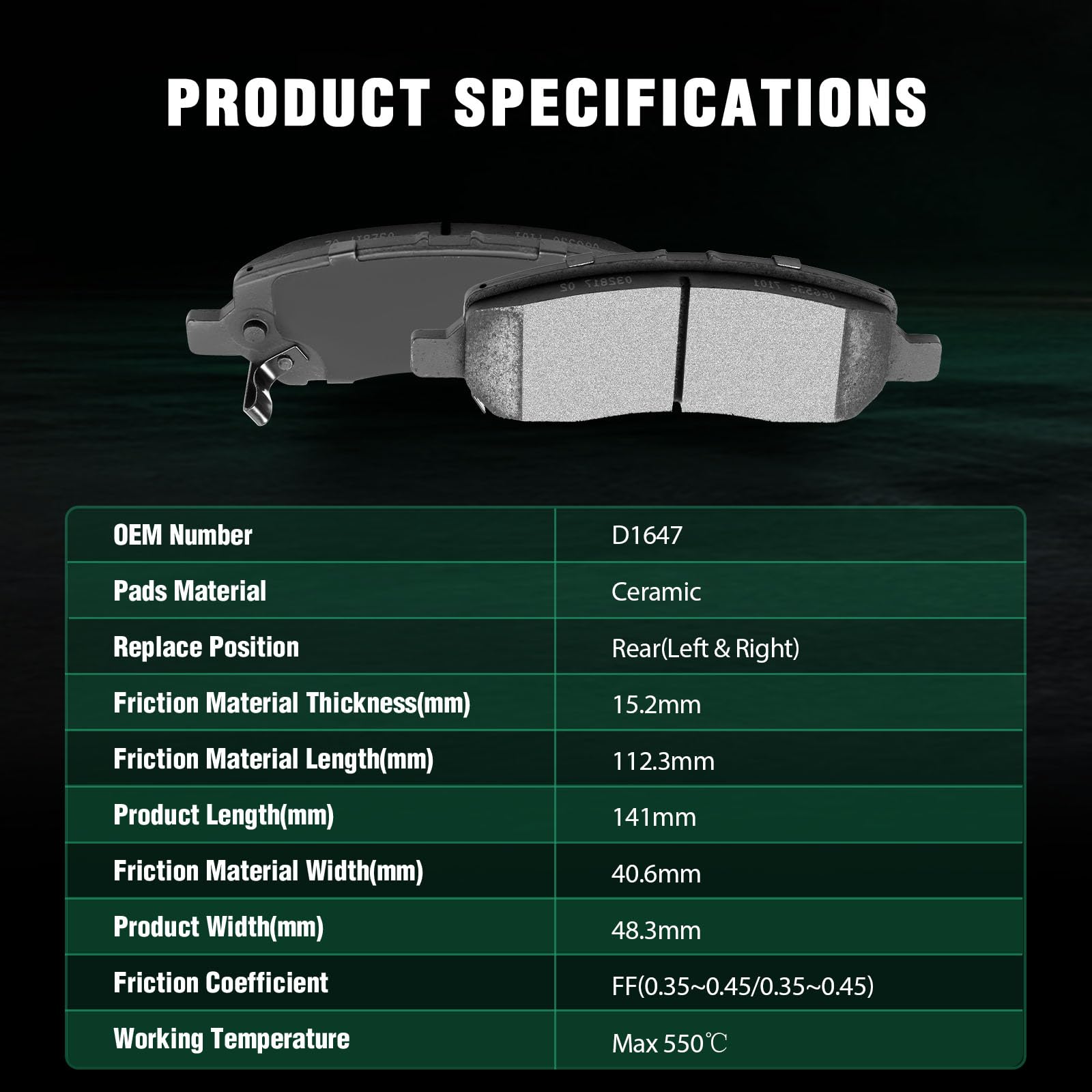 Automuto 4Pcs Rear Ceramic Disc Brake Pads Set D1647 For Dodge Dart 2013-2016