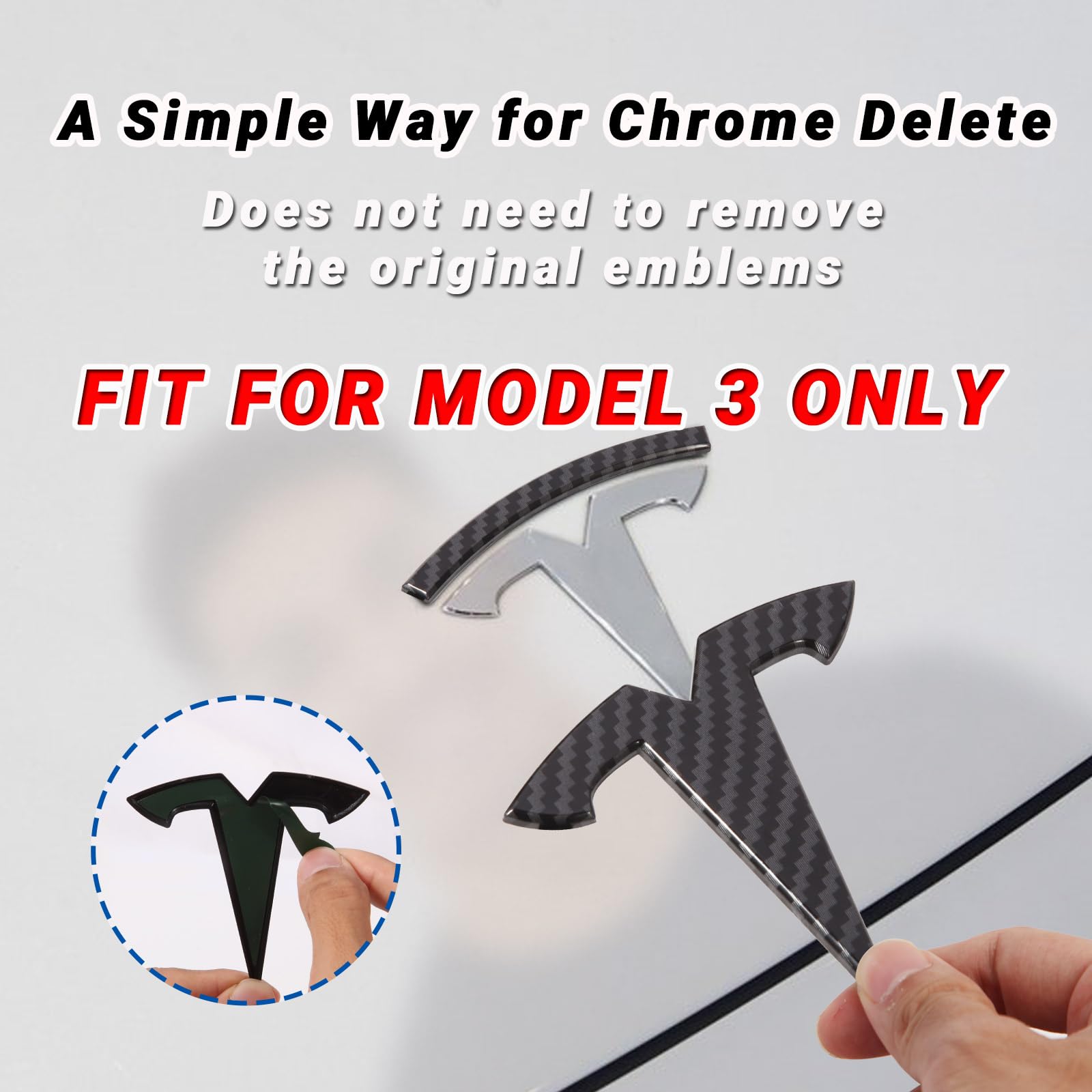 Emblem Accessories For Tesla Model 3 2023 2022-2017 Logo Sticker Model 3 Embelm Decals (Black- Carbon Fiber Pattern)