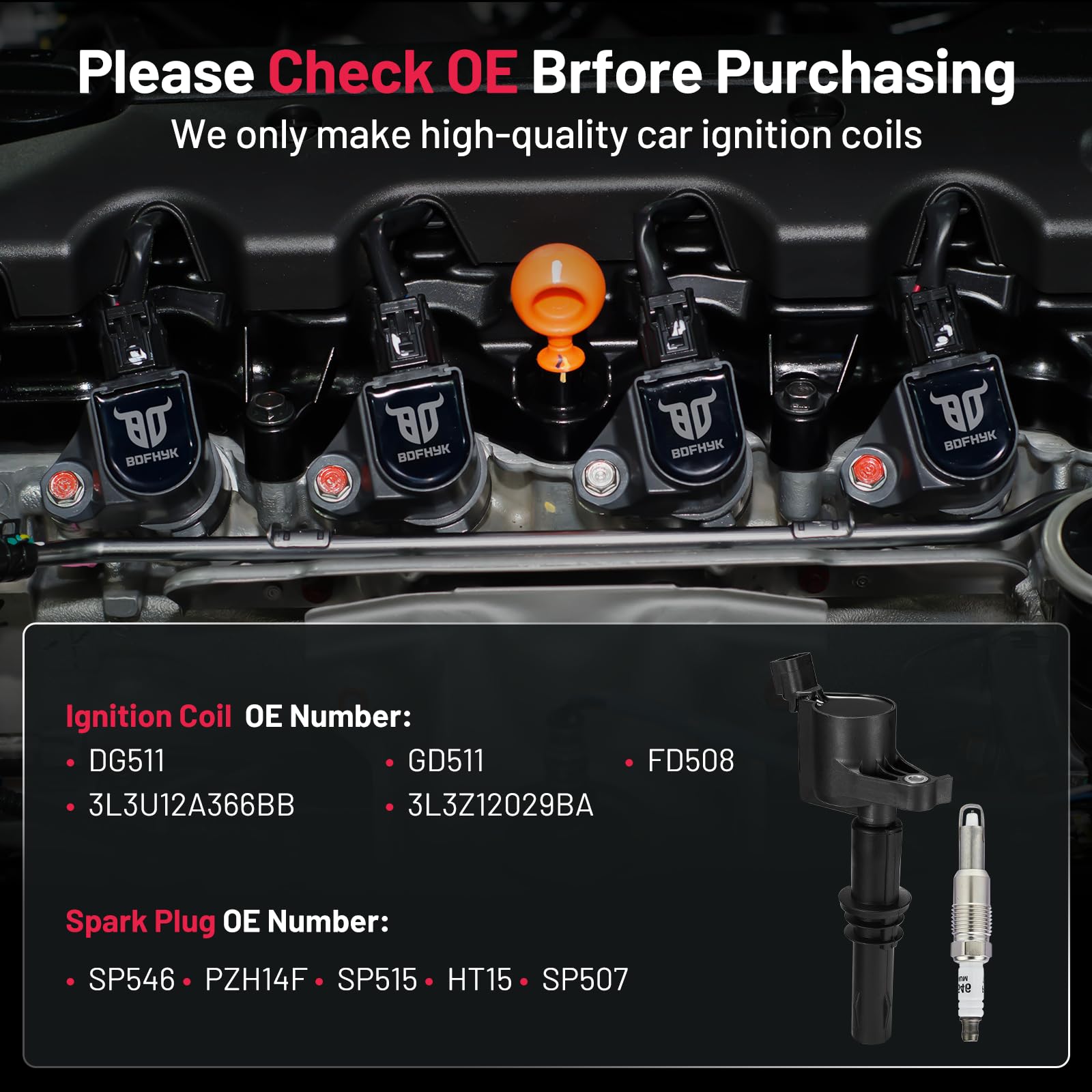 Bdfhyk Ignition Coils Dg511 & Sp515 Sp546 Spark Plugs Compatible With Lincoln Expedition F150 F250 V8 5.4L Engine, Sets Of 8