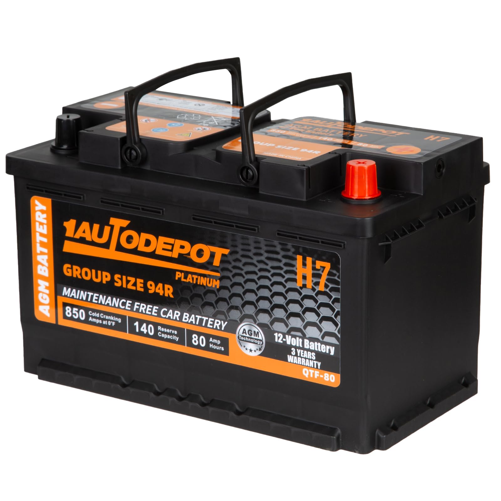 1Autodepot Bci Group 94R Car Battery, 12V 80Ah Size H7 Automotive Battery Premium Maintenance Free Agm Batteries, 850Cca, 140Rc