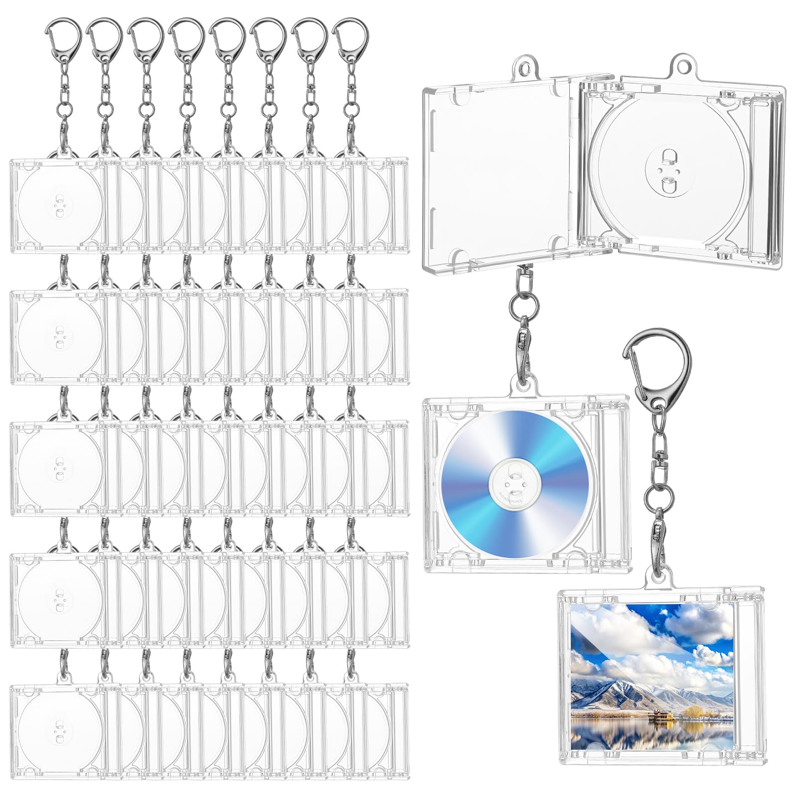 Tobeelec 40 Pcs Mini CD Holder Keychain Bulk Album Case Plastic Player Shaped Key Pendant Blank DVD Case Clear CD Jewel Keyring 