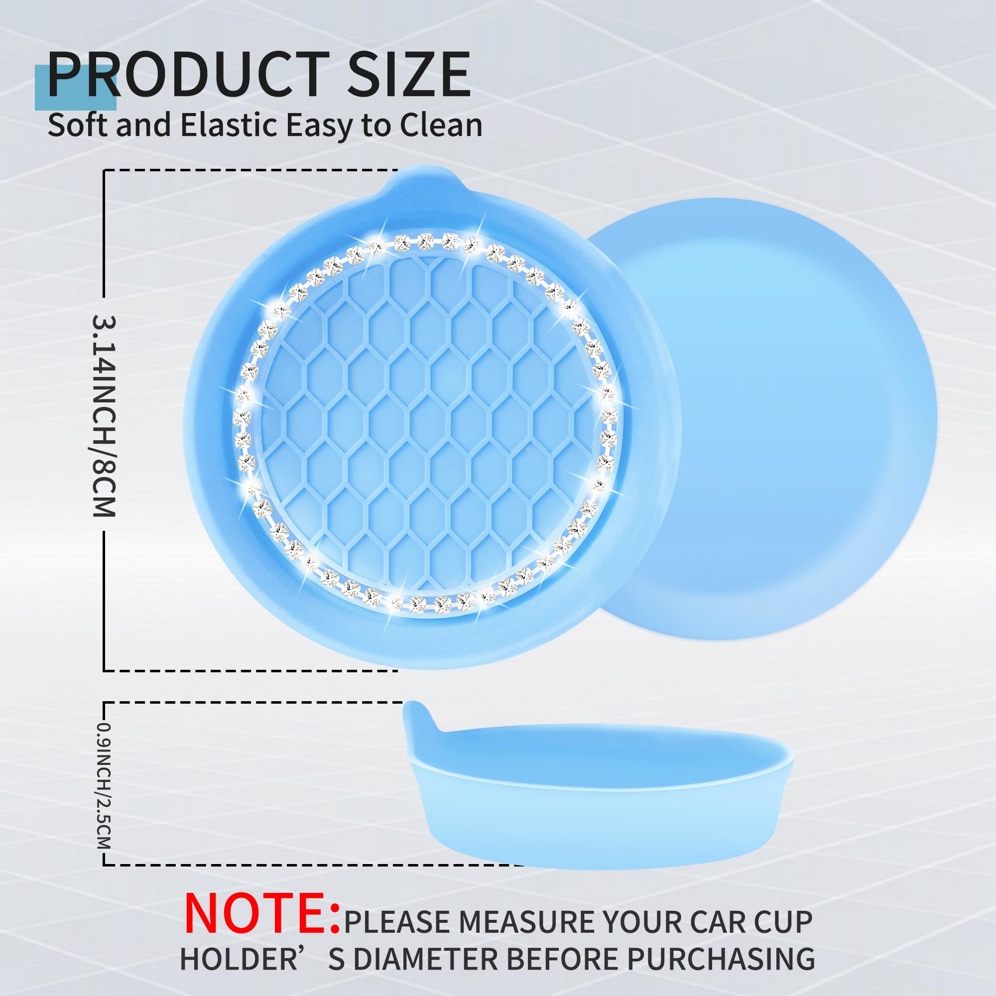 Amooca Car Cup Coaster Universal Non-Slip Cup Holders Bling Crystal Rhinestone Car Interior Accessories 4 Pack Light Blue