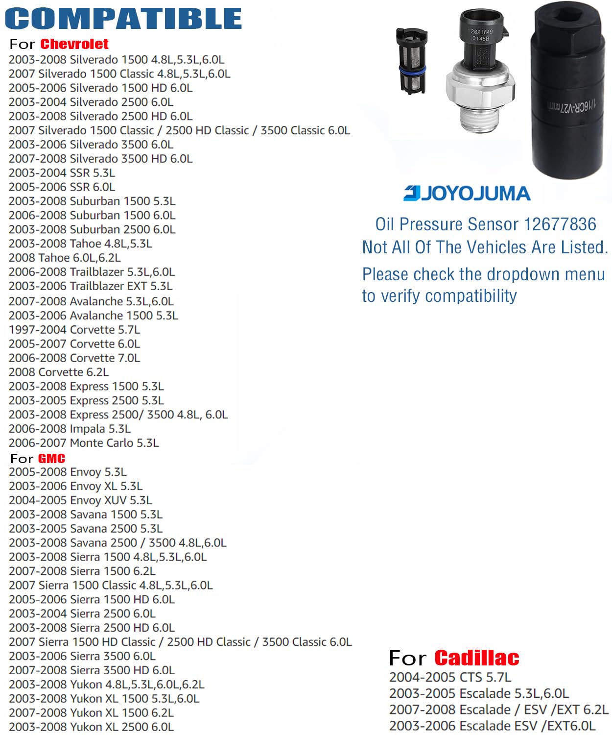 12677836 Oil Pressure Sensor For Chevrolet Chevy Silverado 1500 2500 3500 Tahoe Express Corvette Suburban Avalanche Impala Gmc S