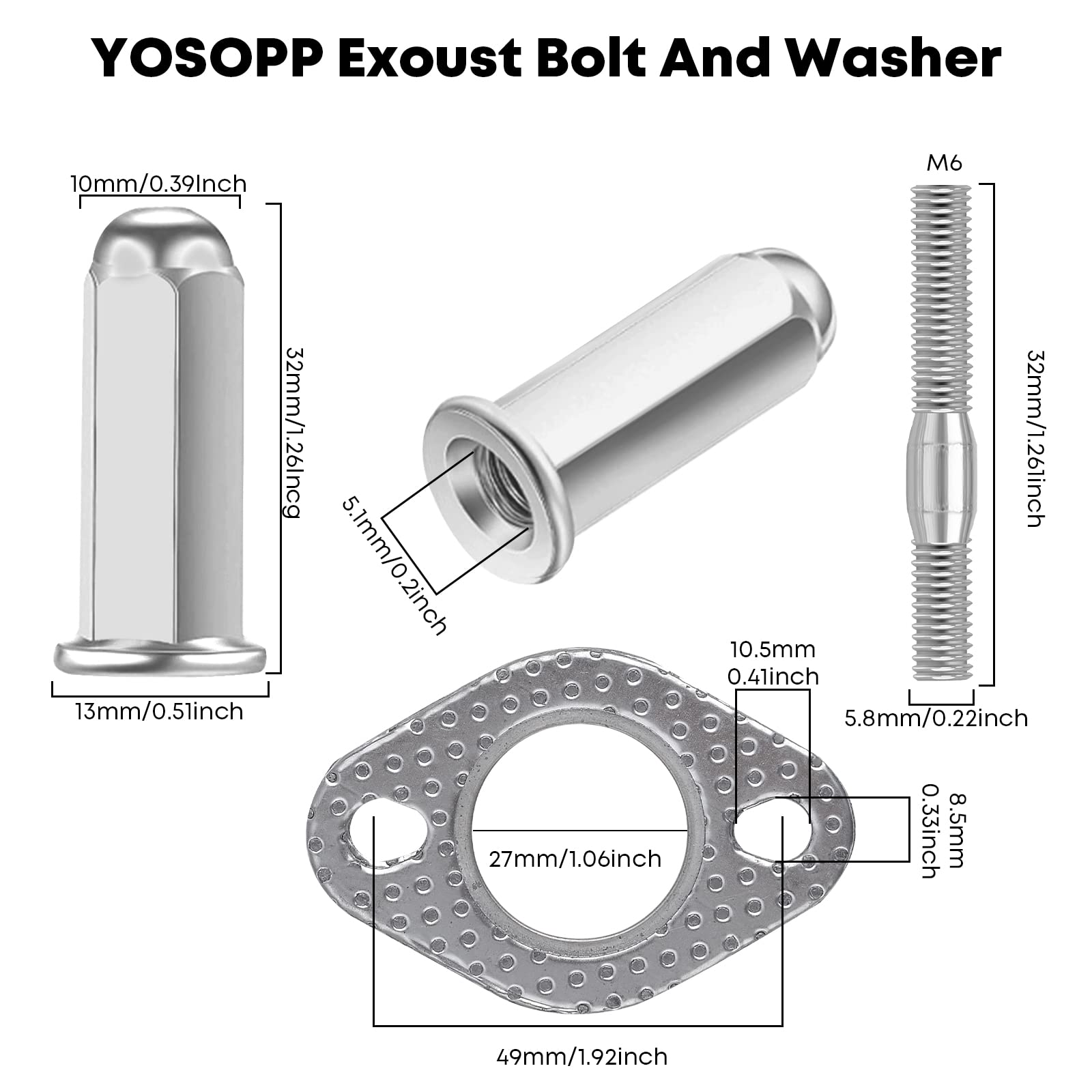 YOSOPP GY6 Exhaust Bolt Nuts Gasket for 50cc 70cc 90cc 110cc 125cc 150cc Scooters ATVs GMB139 Engine Moped Quad 4 Wheeler Dune B