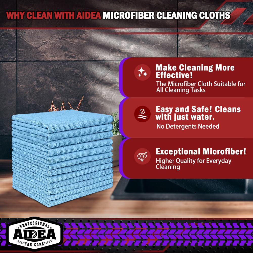 Aidea Microfiber Cleaning Cloth Blue,150Pk, Shop Rags, Microfiber Towels For Cars, Dusting Cloth Lint Free Rags, Absorbent Towel