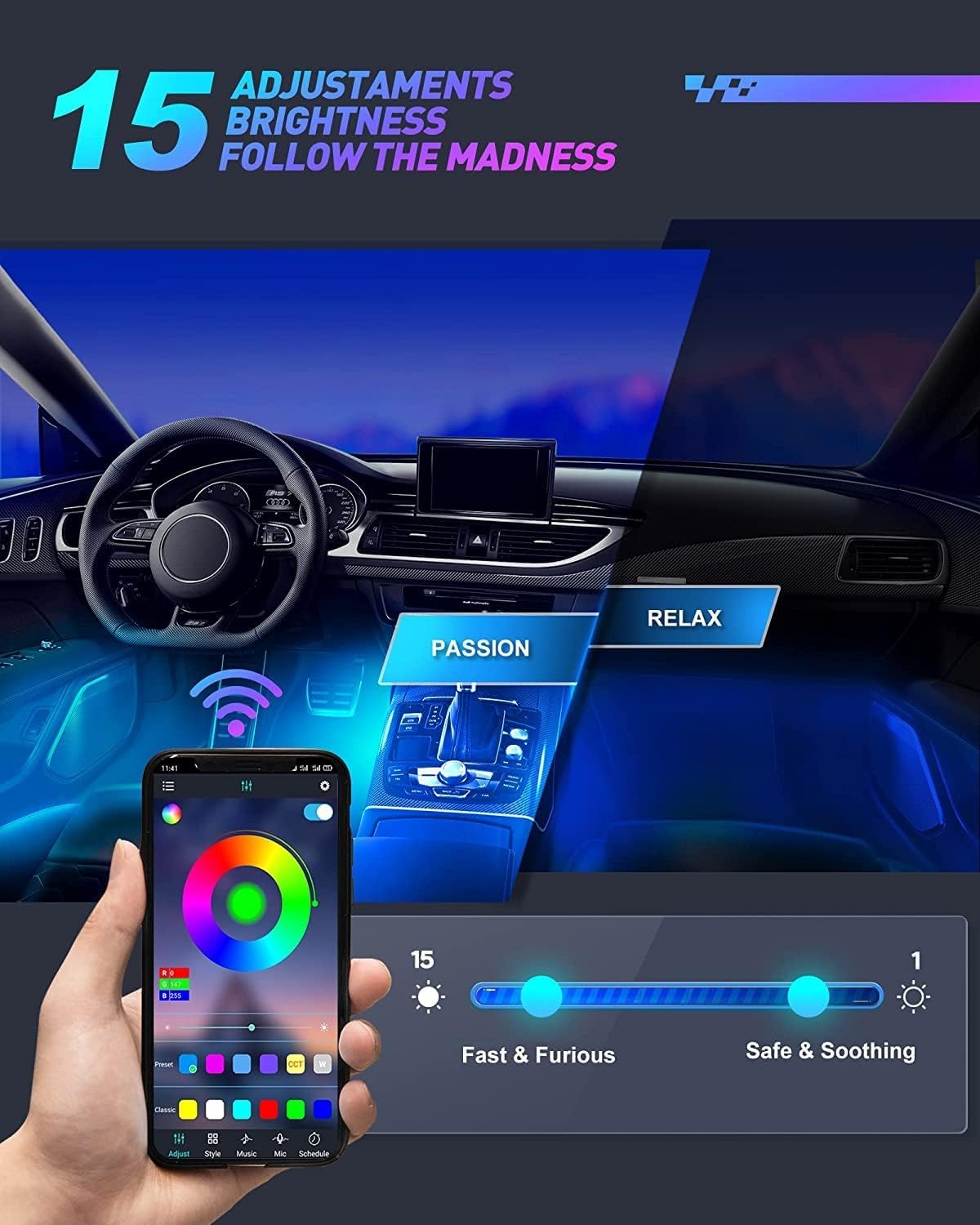 Rgb Interior Car Lights, 2-In-1 Design 4Pcs 48 Led App Control, Remote Control, Music Mode, Diy Mode, Scene Mode, Dc 12V
