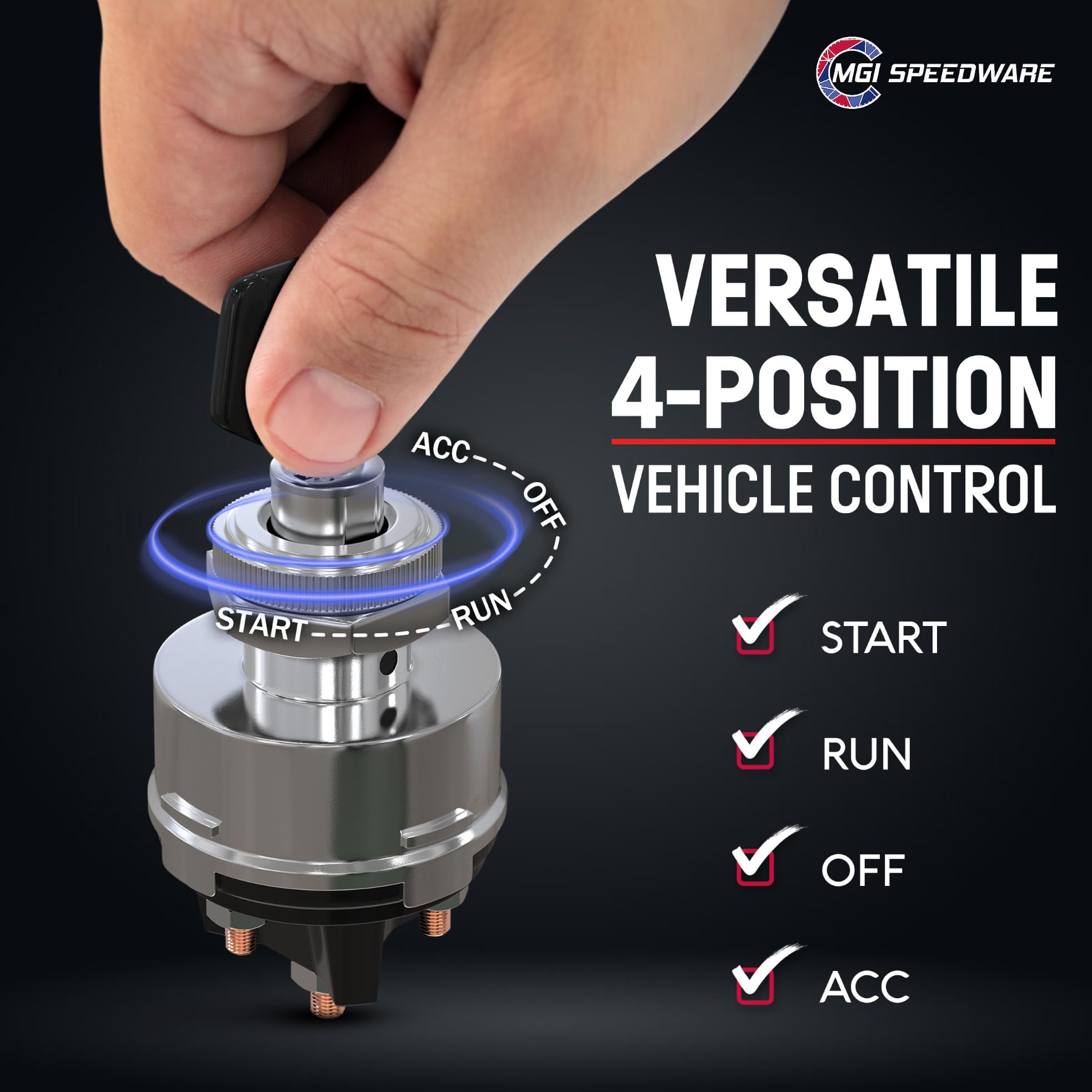 Mgi Speedware 4-Position Universal Ignition Key Switch For 12V Car, Truck, Tractor, Trailer, Forklift - Acc/Off/Ign/(Start)