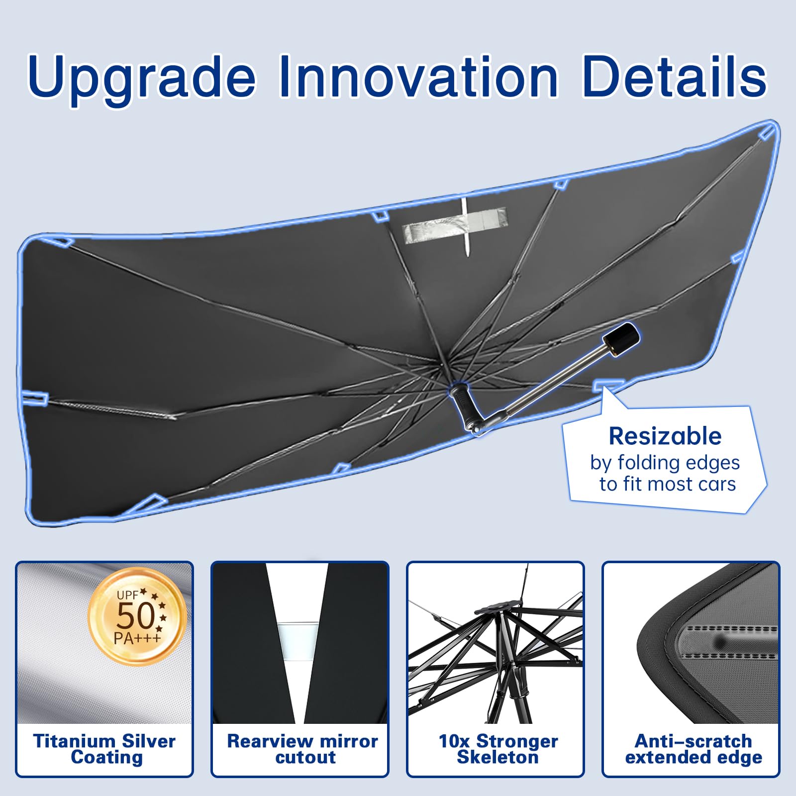 Car Windshield Sun Shade Umbrella, Upgraded Windshield Sunshades with 360 Rotation Bendable Handle, Foldable Automotive Windshie