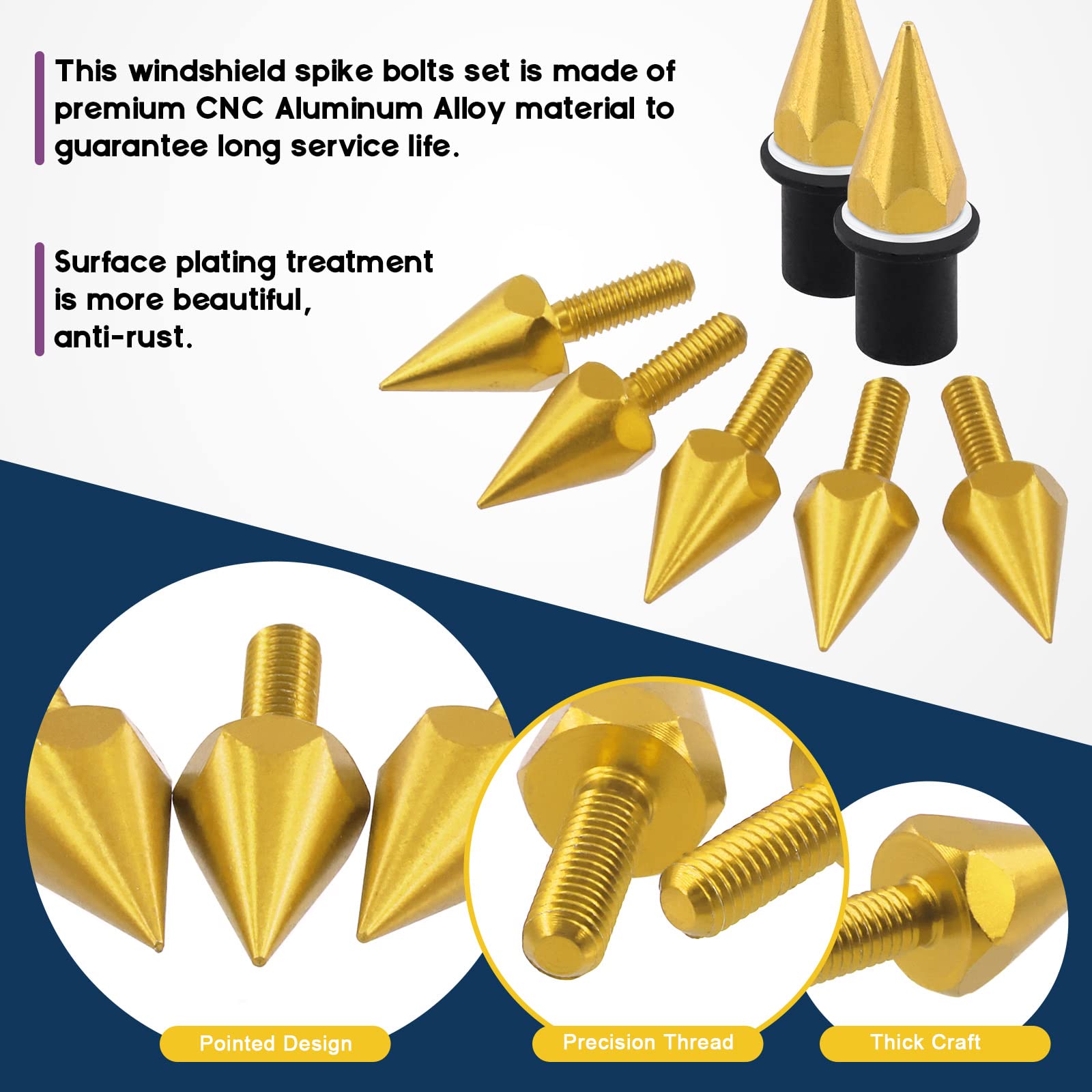 Swpeet 15Pcs Windshield Screws Aluminum Spike Motorcycle Windscreen Bolts Kit, Motorcycle Spike Bolt Screw Short Impaler Compatible With Most Motorcycle Modification Accessorie (Gold)