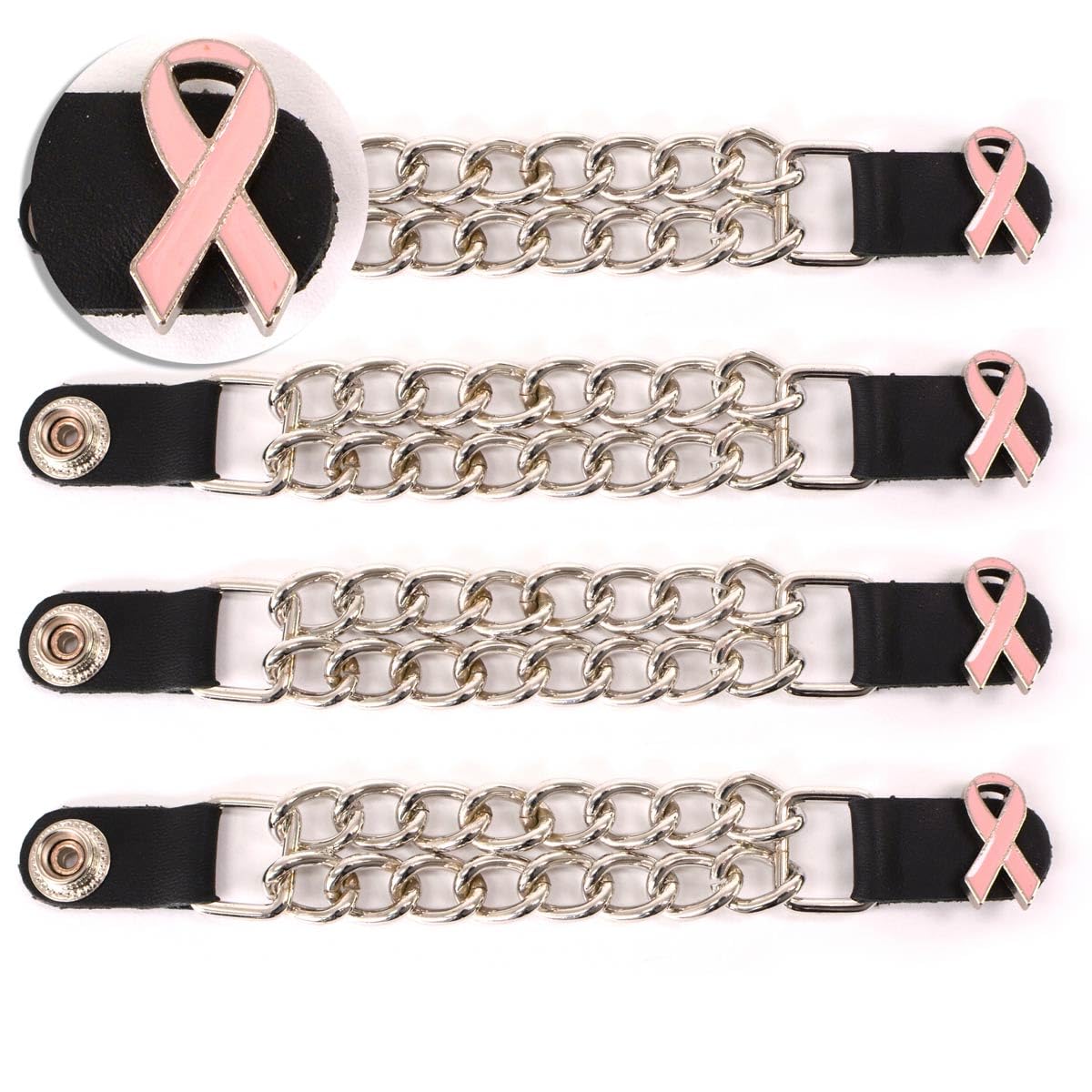 Milwaukee Leather MLA6021SET Pink Ribbon 4-PCS Vest Extender Double Chrome Chains w/Genuine Leather 4 Extension - 4 Inch