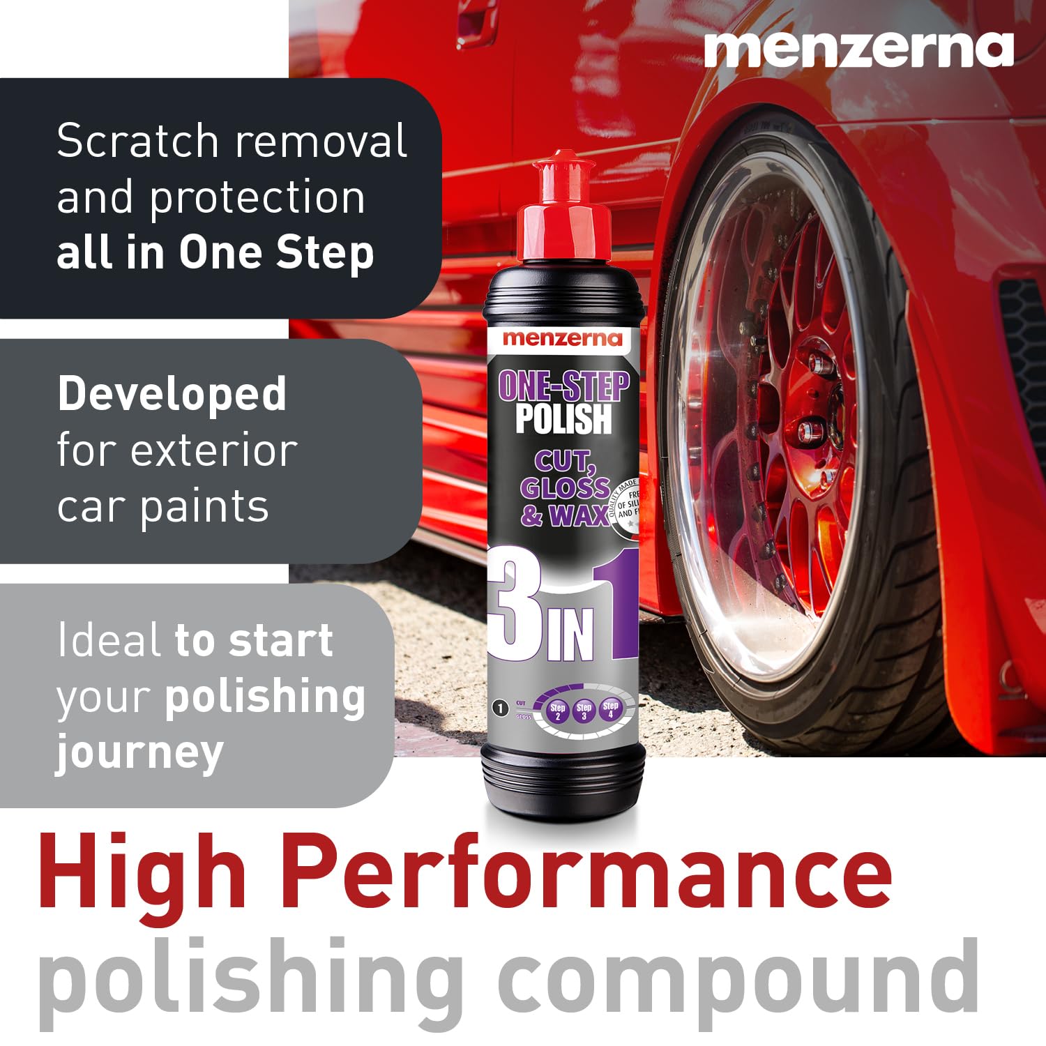 Menzerna 3In1 Polishing Set - One-Step Polish + Drill Machine Adapter + Medium Cut Pad | Polish Your Car With A Cordless Drill