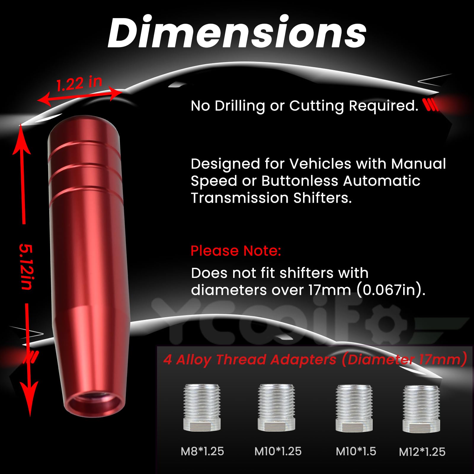 YCooiFo Long Shift Knob, 5.12'' Lightweight Car Gear Shifter knobs of Aluminum Alloy Fit Universal Manual Vehicle with 4 Threade