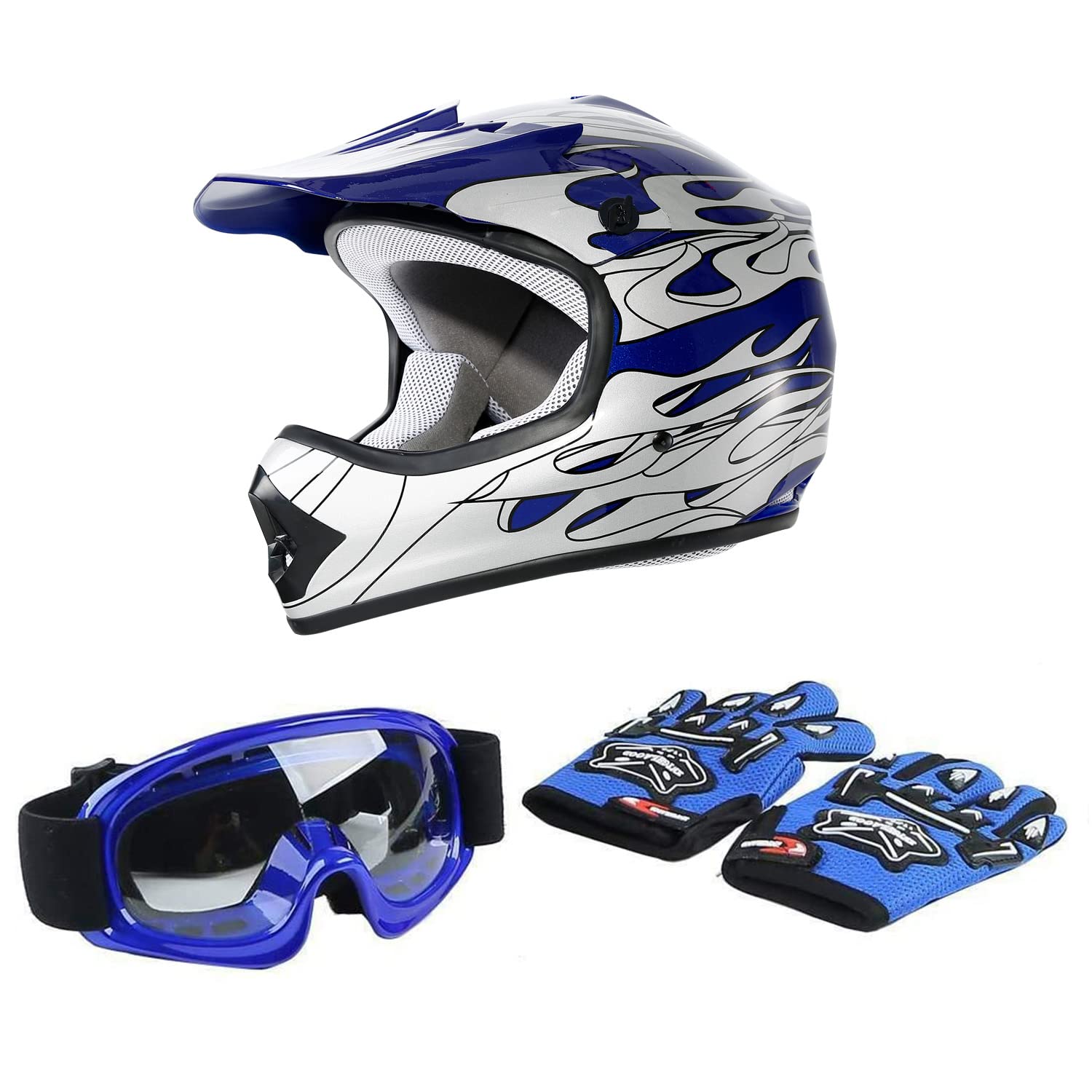 Slmoto Dot Approved Youth Kids Helmet Offroad Street Motorcycle Helmet Dirt Bike Motocross Atv Blue Flame Helmet+Goggles+Gloves,
