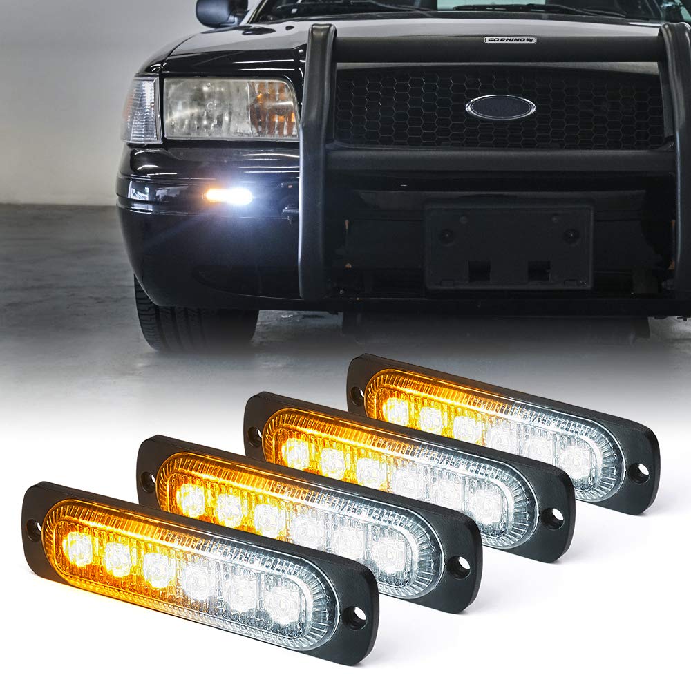 Xprite 4Pcs Led Emergency Strobe Lights,Amber White 6- Led Surface Mount Flashing Strobe Lights, Sync Feature Ultra Slim Grill L