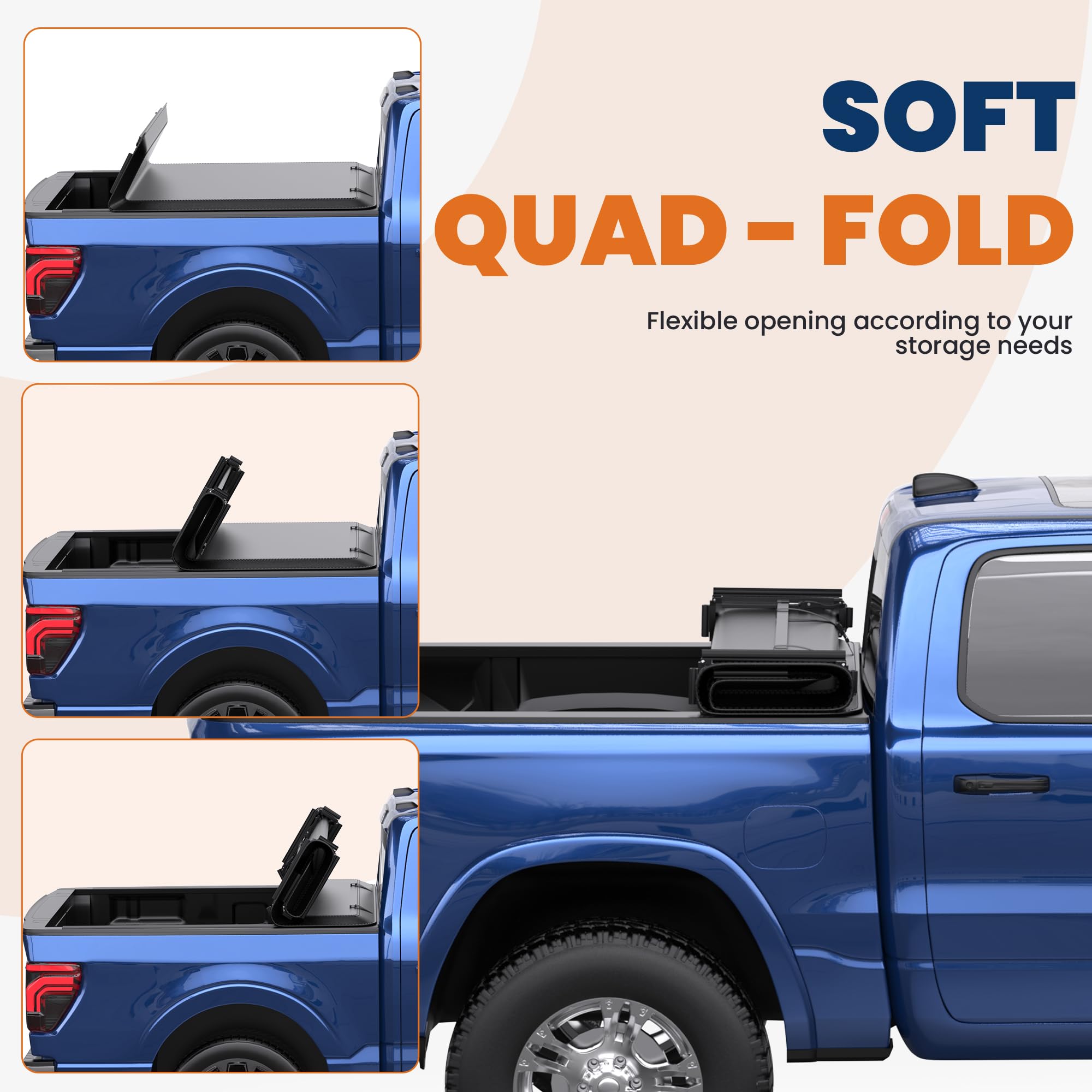 Kuiperauto Quad 4-Fold 6.5 Ft Soft Folding Truck Bed Tonneau Cover Compatible With 2009-2014 Ford F150 F-150 Styleside Fourth Fo