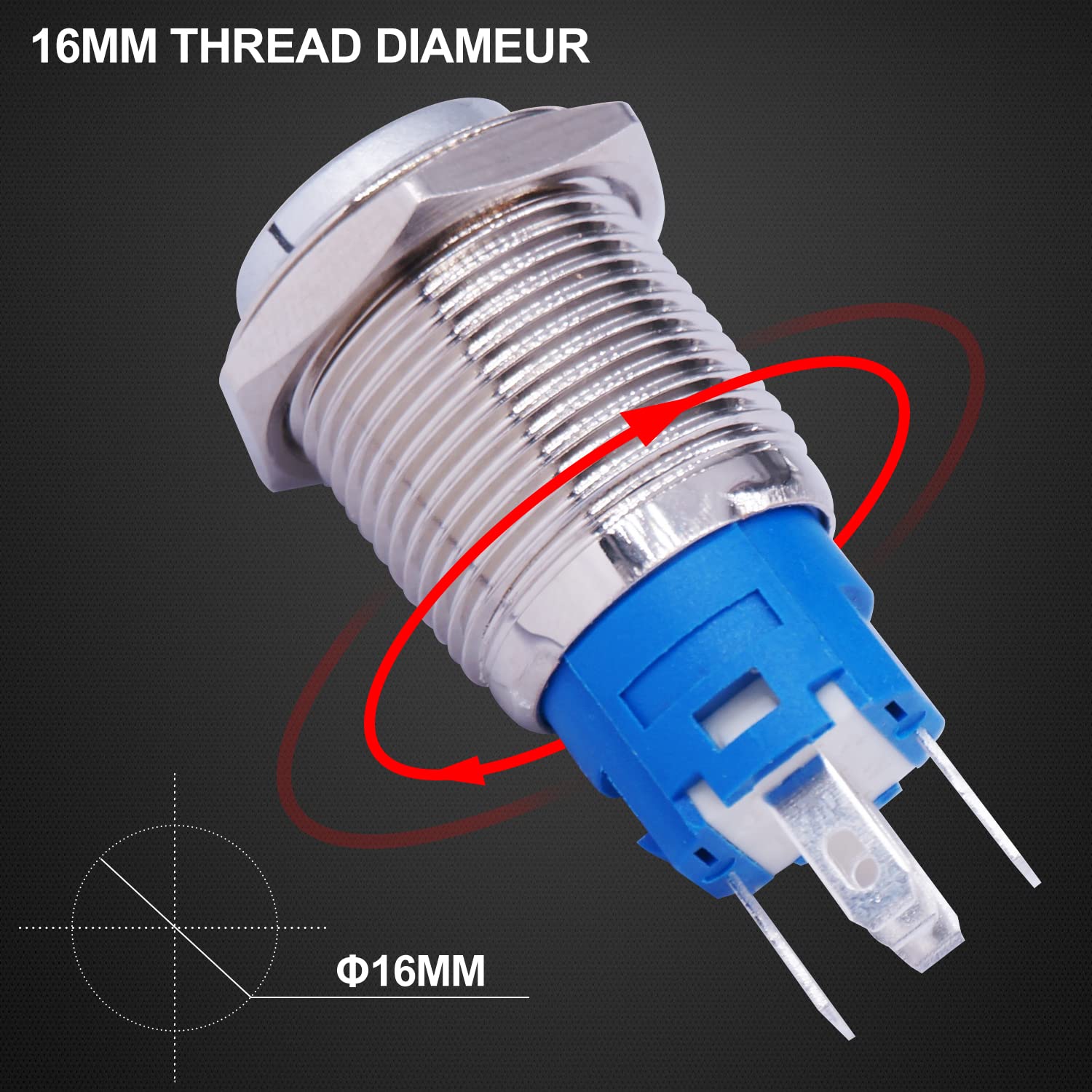 Twidec/16Mm Raised Speaker Horn Momentary Push Button Switch 5/8'' Mounting Hole 12V Blue Led Light Silver Stainless Steel Shell