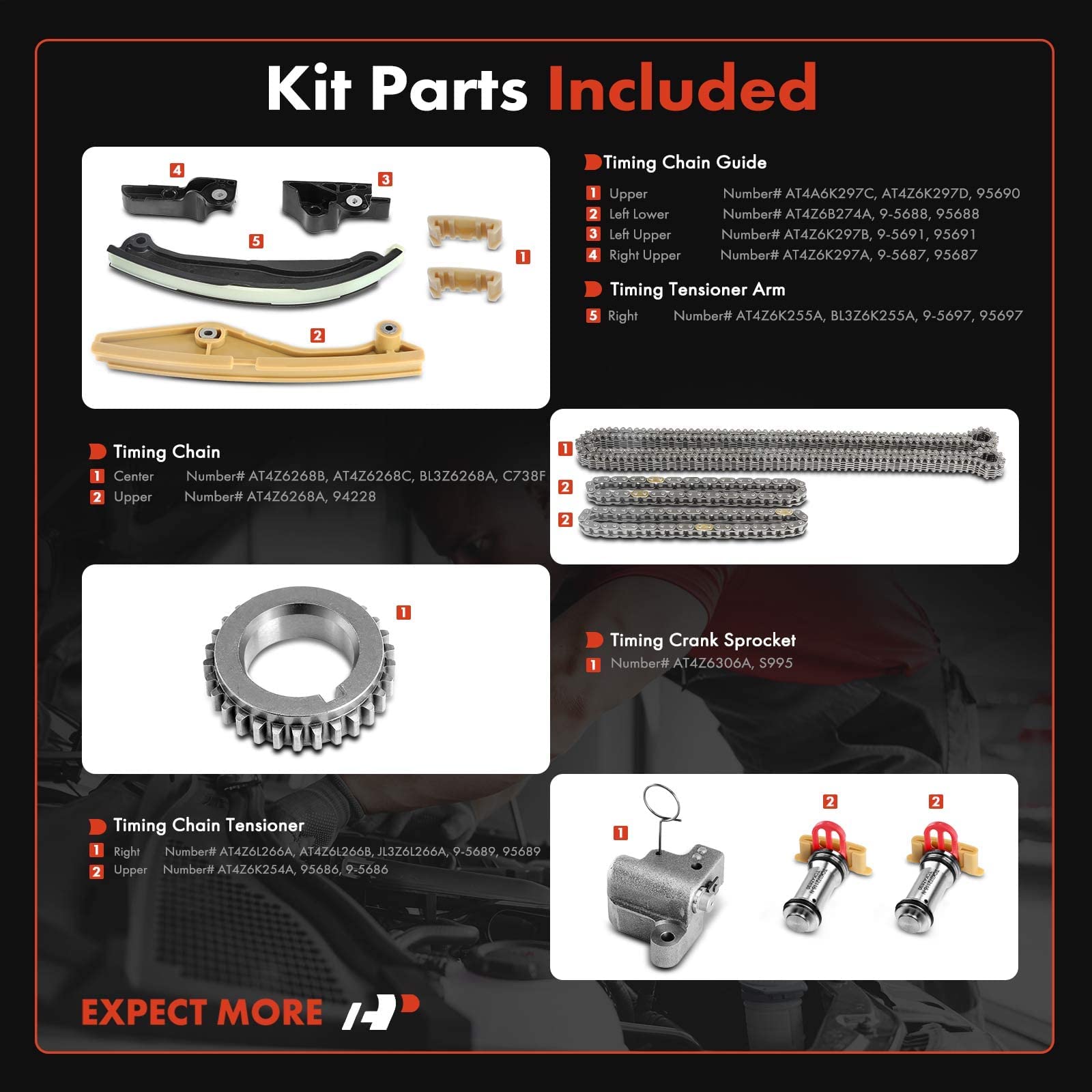 A-Premium Engine Timing Chain Kit W/Tensioner [Fits Dohc, 6Cyl 3.7L 3.5L] Compatible With Ford F-150, Explorer Mustang 11-17, Edge, Taurus 13-19, Transit-150 15-17 & Lincoln Mks Mkz 13-16, Mkx 11-16