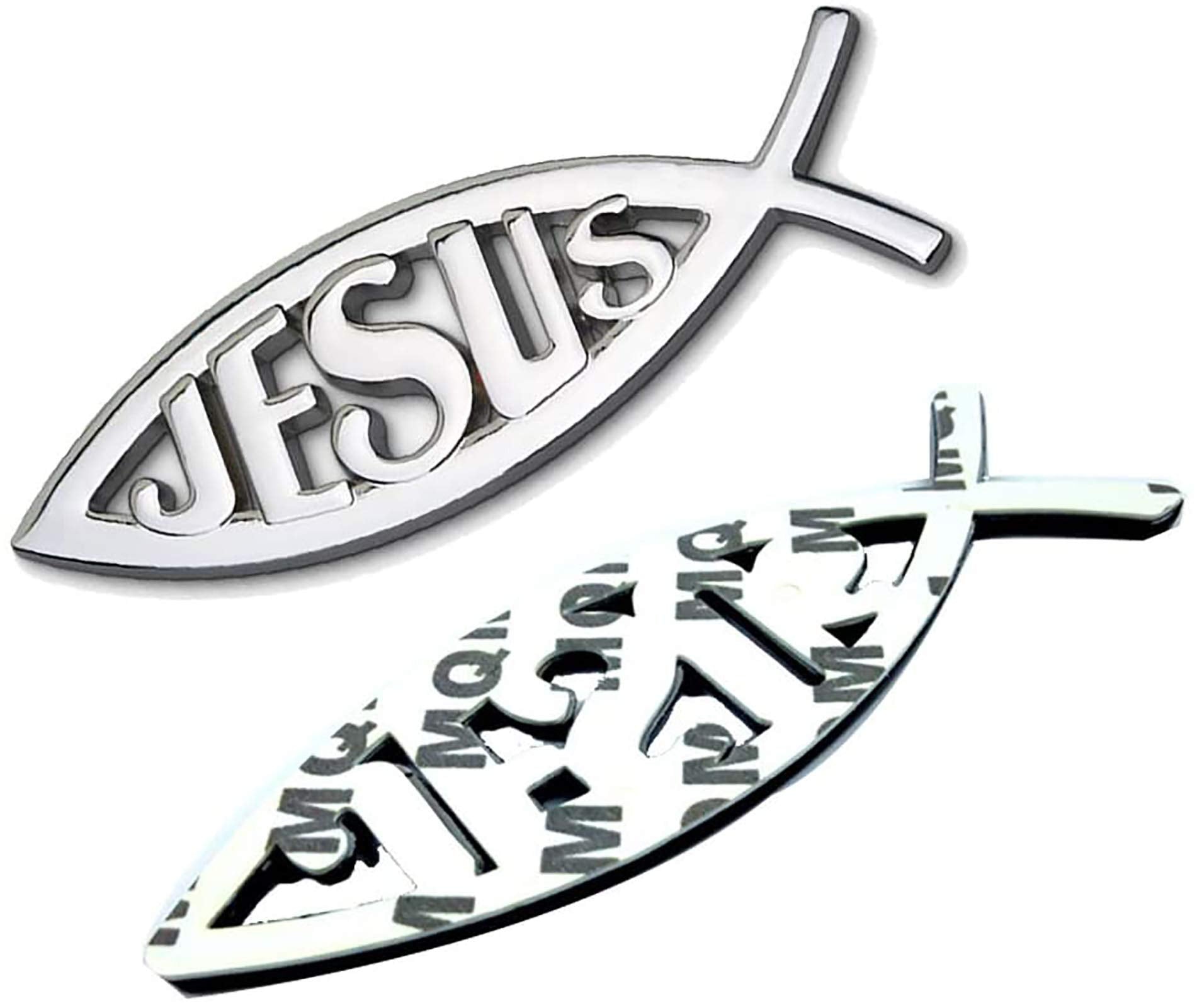 Meetcute 2Pcs Jesus Fish Decal Sticker Silver,3D Car Chrome Decal Emblem Sticker Religious God For Jesus Christian Fish Symbol