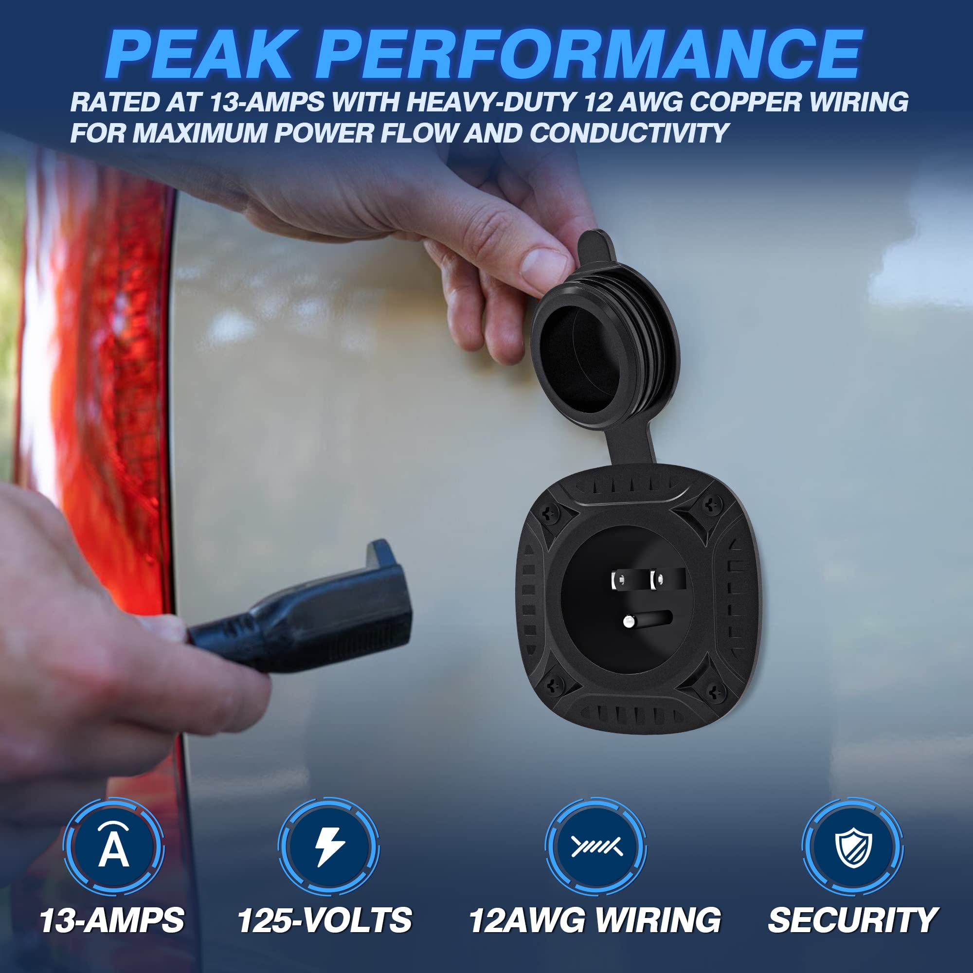 Mictuning 13Amp 125V Ac Port Plug With 16' Integrated Heavy Duty Extension Cord And Water-Resistant Cap - Black