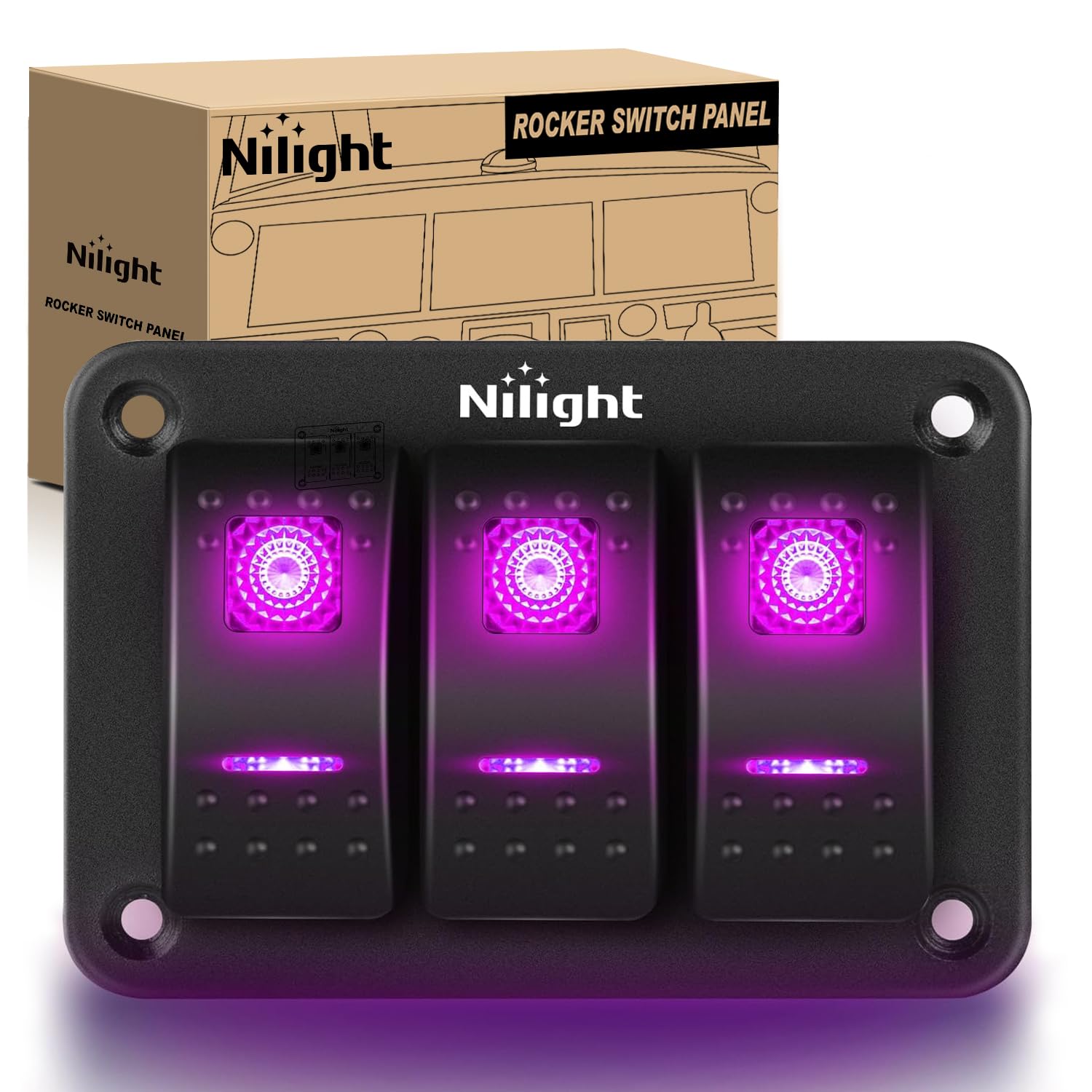Nilight 3 Gang Aluminum Rocker Switch Panel 5 Pin On Off Pre-Wired Pinkish Purple Toggle Switch Spst 12V 24V Night Glow Stickers