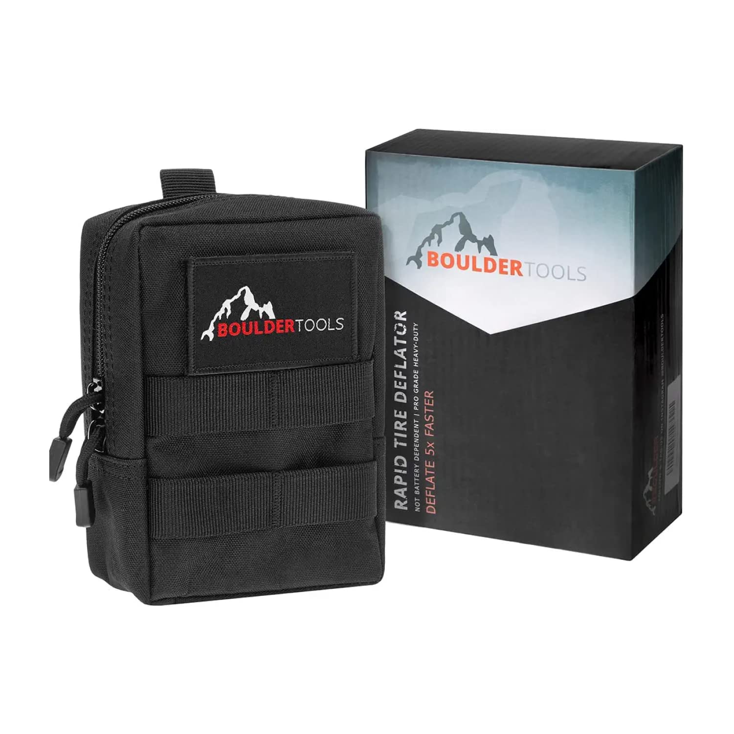 Boulder Tools Heavy Duty Rapid Tire Deflator & Molle Pouch - Precision Release Button Air Down Offroad Kit - Glows In Dark, Bonus: Valve Caps, Cores, Repair Tool | Quickly Deflate 4X4 Off Road Tires