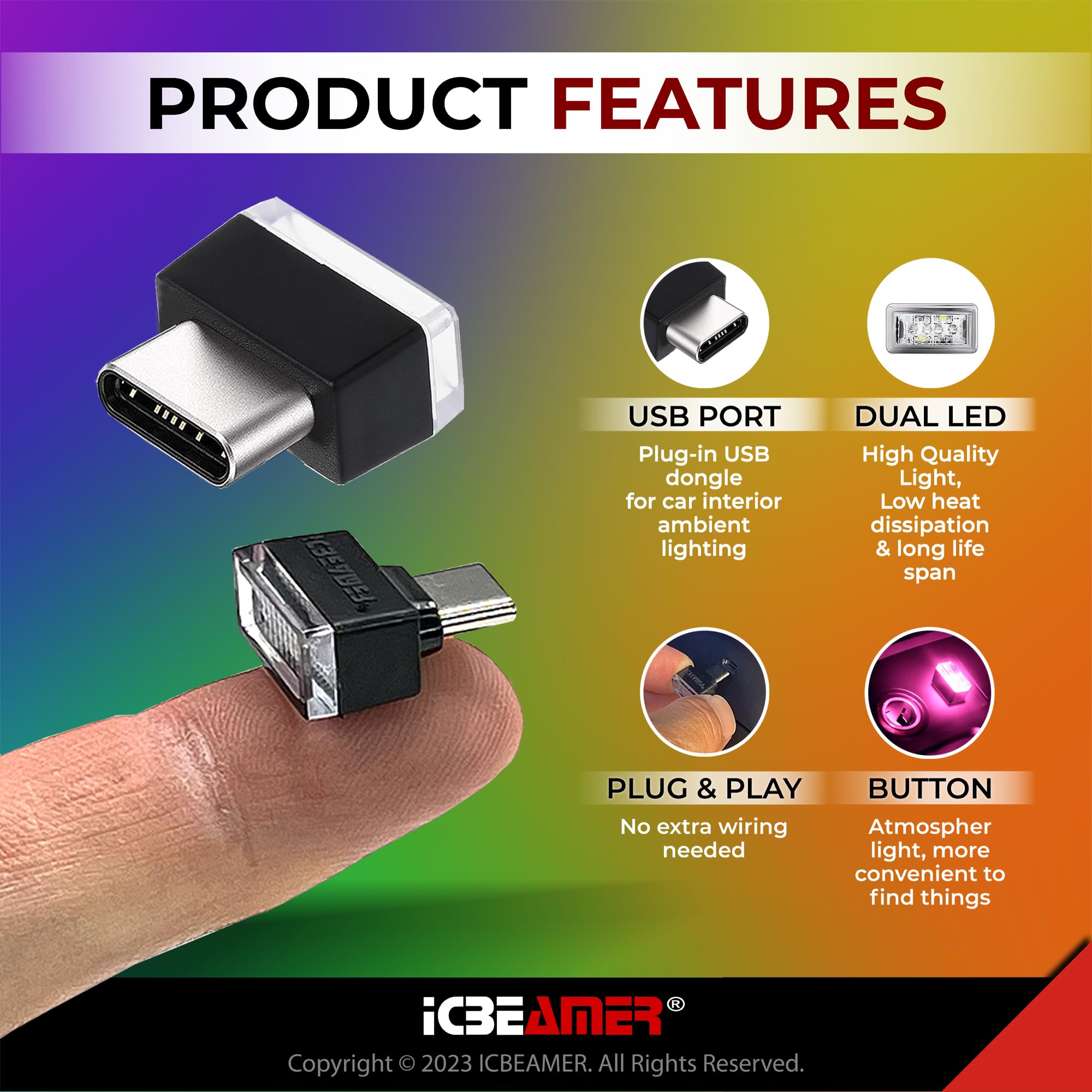 Icbeamer Type C Adapters Atmosphere Light, [Color: Purple] Universal Interface Plug-In Miniature Night Light Led Usb Car Interio