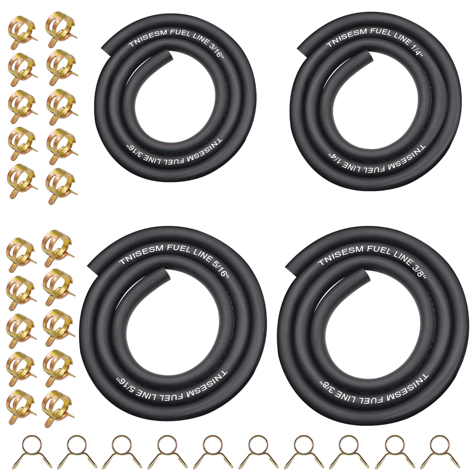 Tnisesm 4 Size Fuel Hose Line - 3/8'' 5/16'' 1/4'' 3/16'' Id Fuel Line Gas Tube Hose 3-Feet With 40Pcs Clamps For Small Engines 