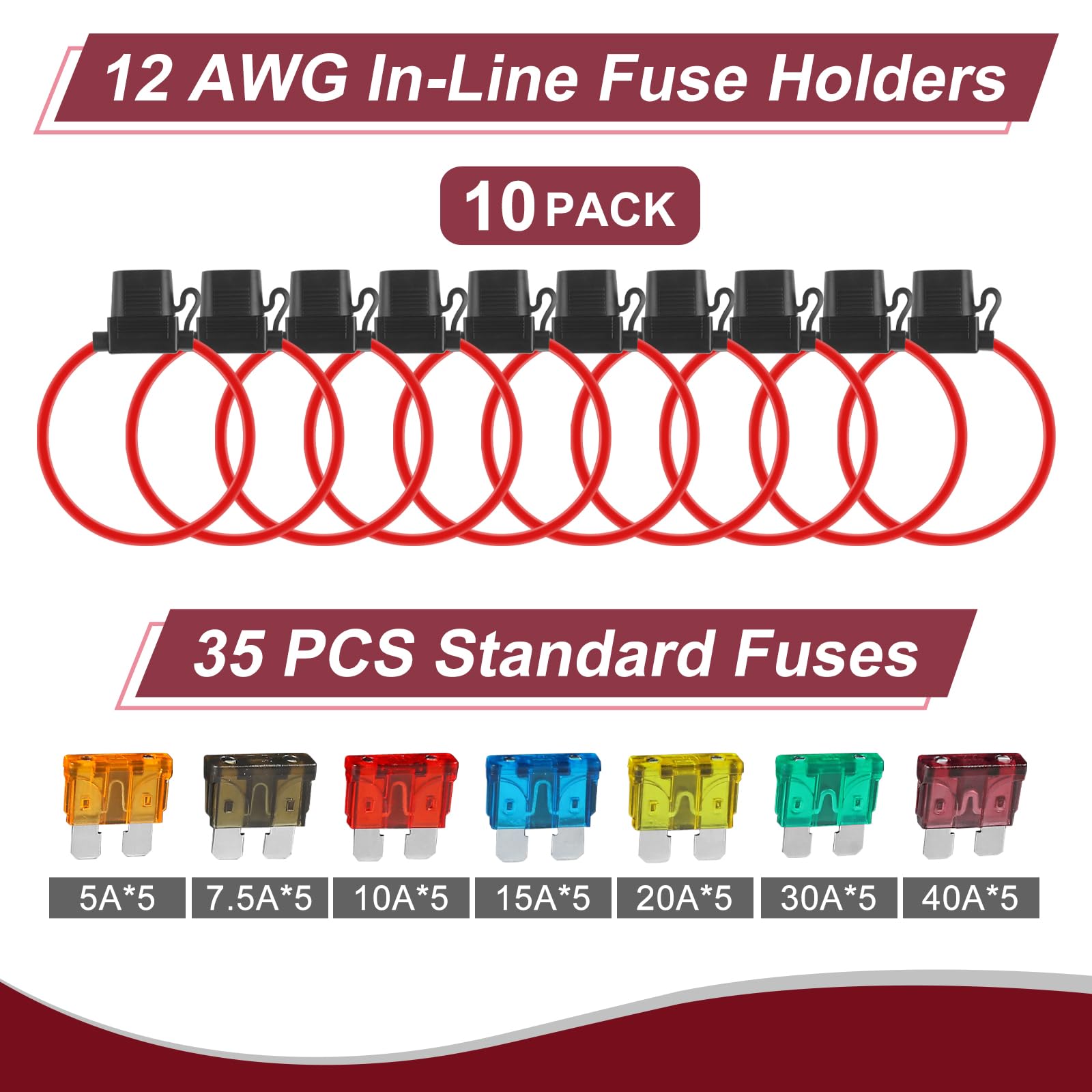10 Pack Inline Fuse Holder 12V, Professional 12 Awg Waterproof Fuse Holder With 35 Pcs (5A/7.5A/10A/15A/20A/30A/40A) Standard Ca