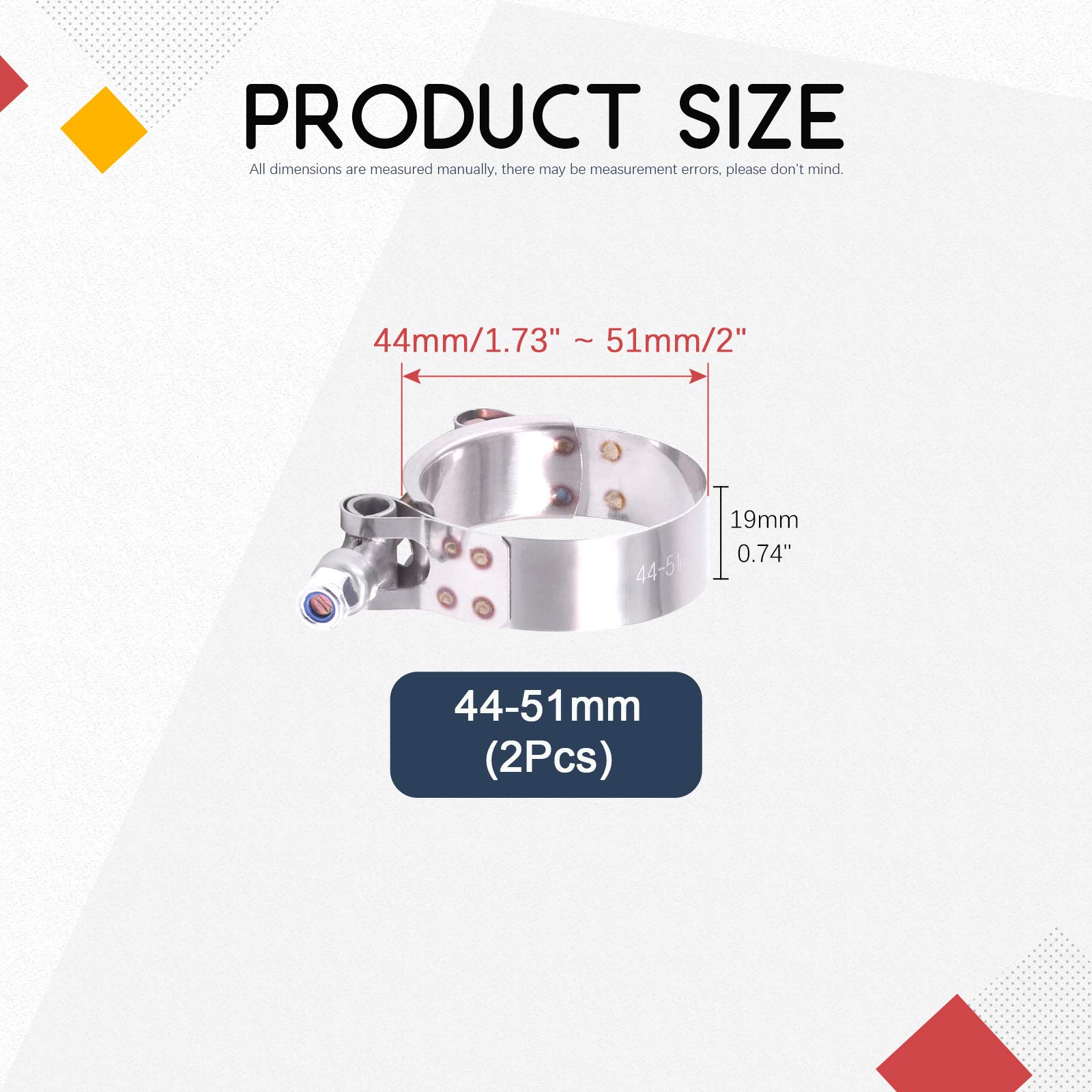 Hilitchi 2Pcs Stainless Steel T-Bolt Clamps With Rounded Band Edges Heavy Duty Turbo Intake Intercooler Clamp (44-51Mm) For 1 1/