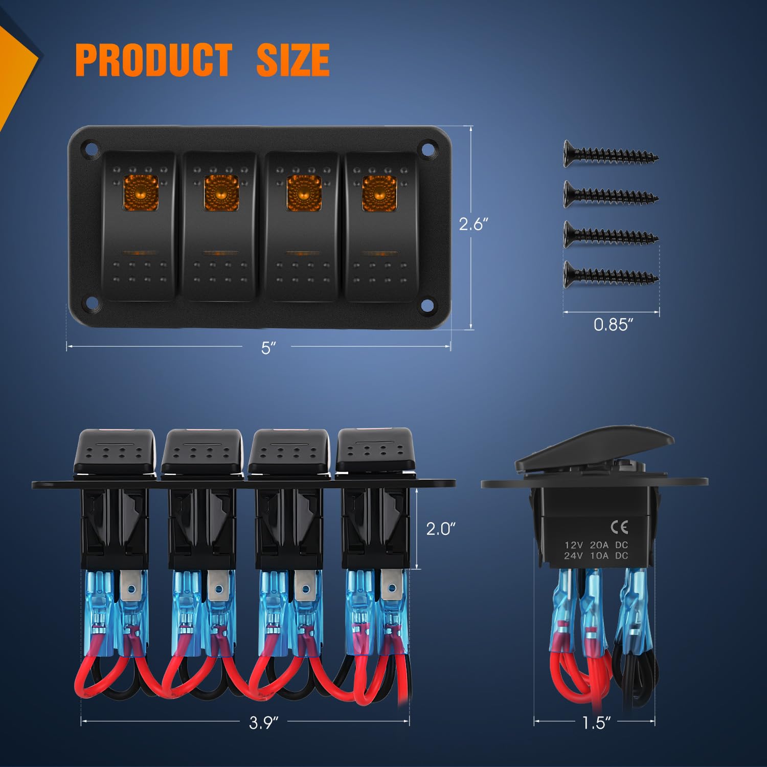 Nilight 4 Gang Rocker Switch Panel With Orange Led Light 5 Pin On Off Pre-Wired Rocker Switch Aluminum Panel Toggle Switch Panel