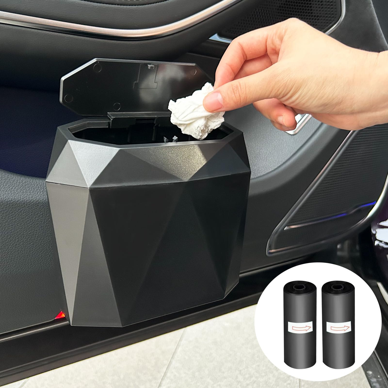 Wontolf Car Trash Can Bin With Lid, Small Car Garbage Can With 60Pcs Trash Bags Leakproof Mini Car Accessories Trash Bin Car Dus