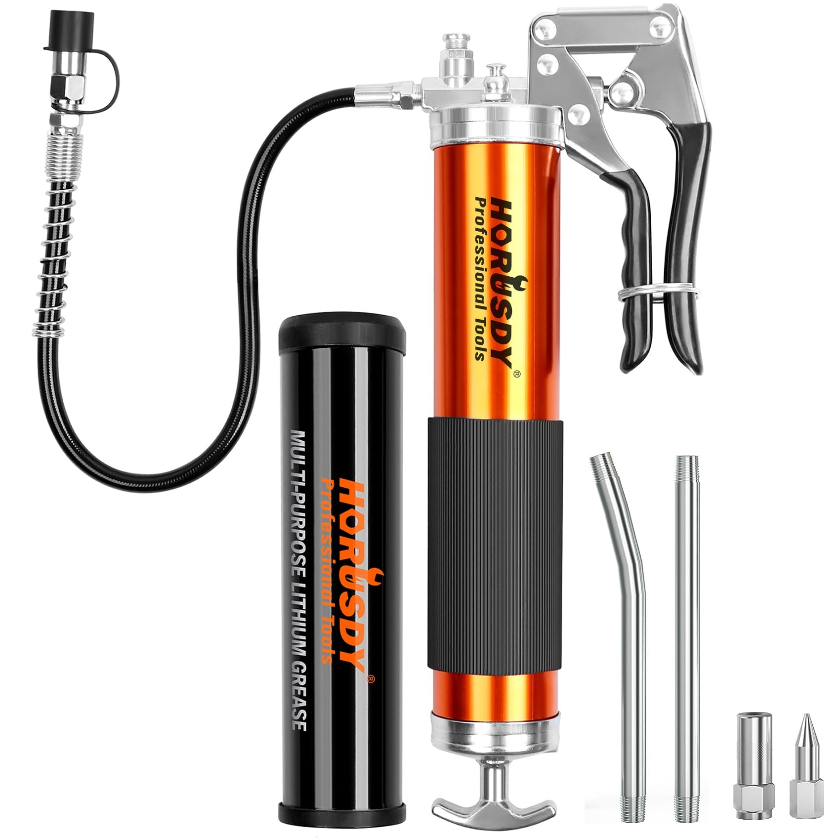Horusdy Grease Gun, 7000 Psi Heavy Duty Pistol Grip Grease Gun With 14 Oz. Grease & 18 Flex Hose Coupler