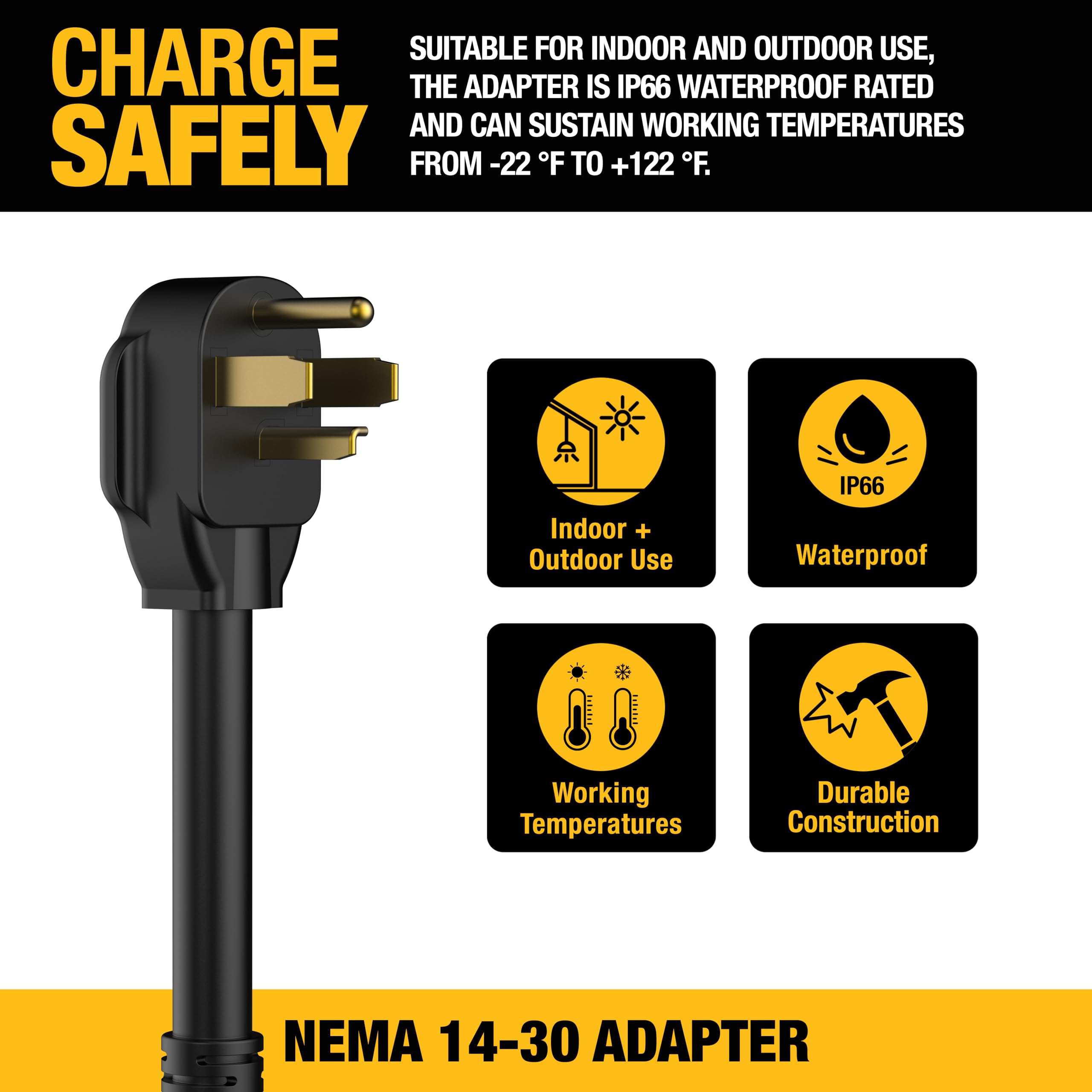 DEWALT NEMA 14-30 Adapter, 24A/240V, Compatible 32 Amp Portable EV Charger, High Power Connector, Easy to Connect, No Tools Requ