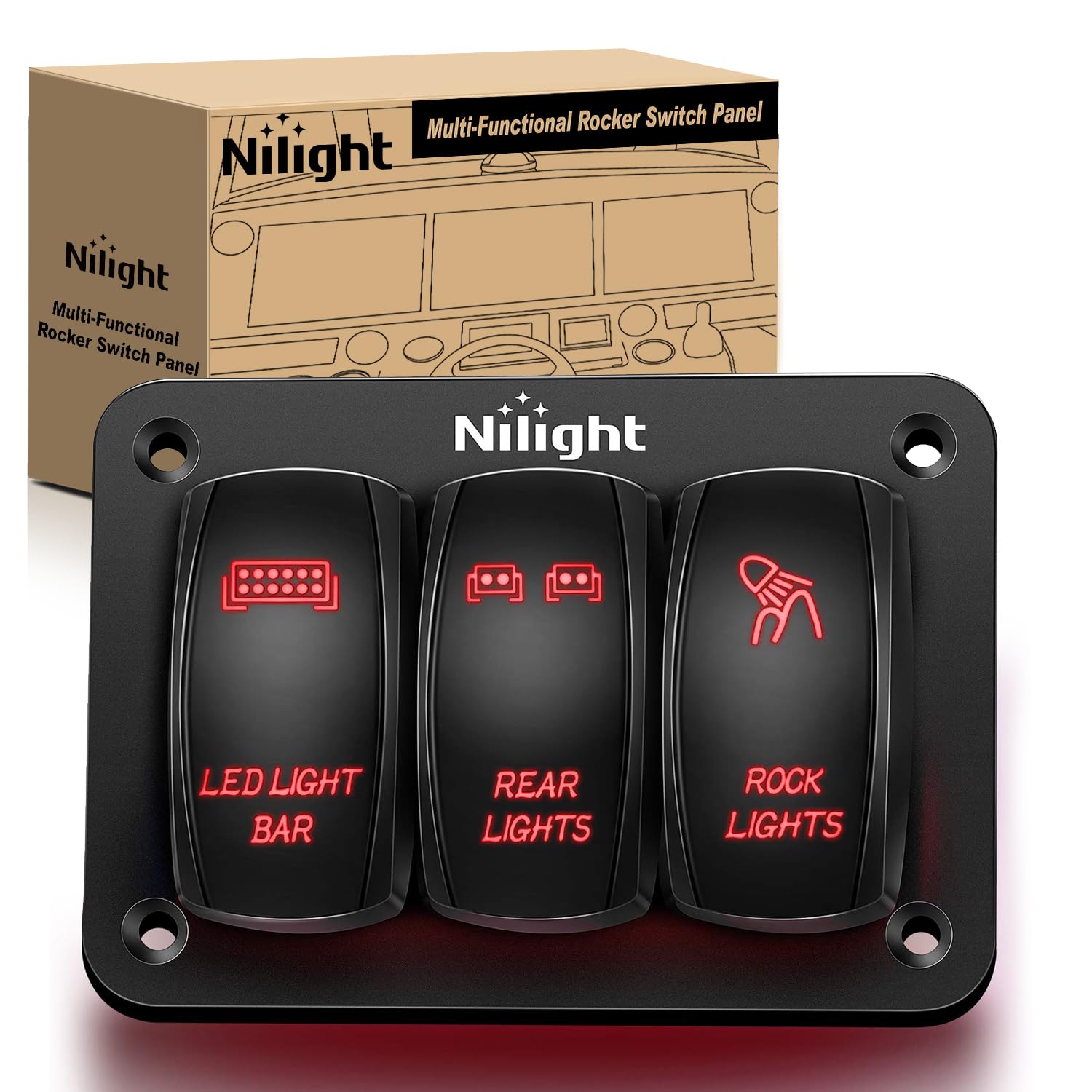 Nilight - 90128C 3 Gang Rocker Switch Panel Aluminum 5 Pin On Off Toggle Switch Panel Pre-Wired Rocker Switch Spst 12V 24V Switc