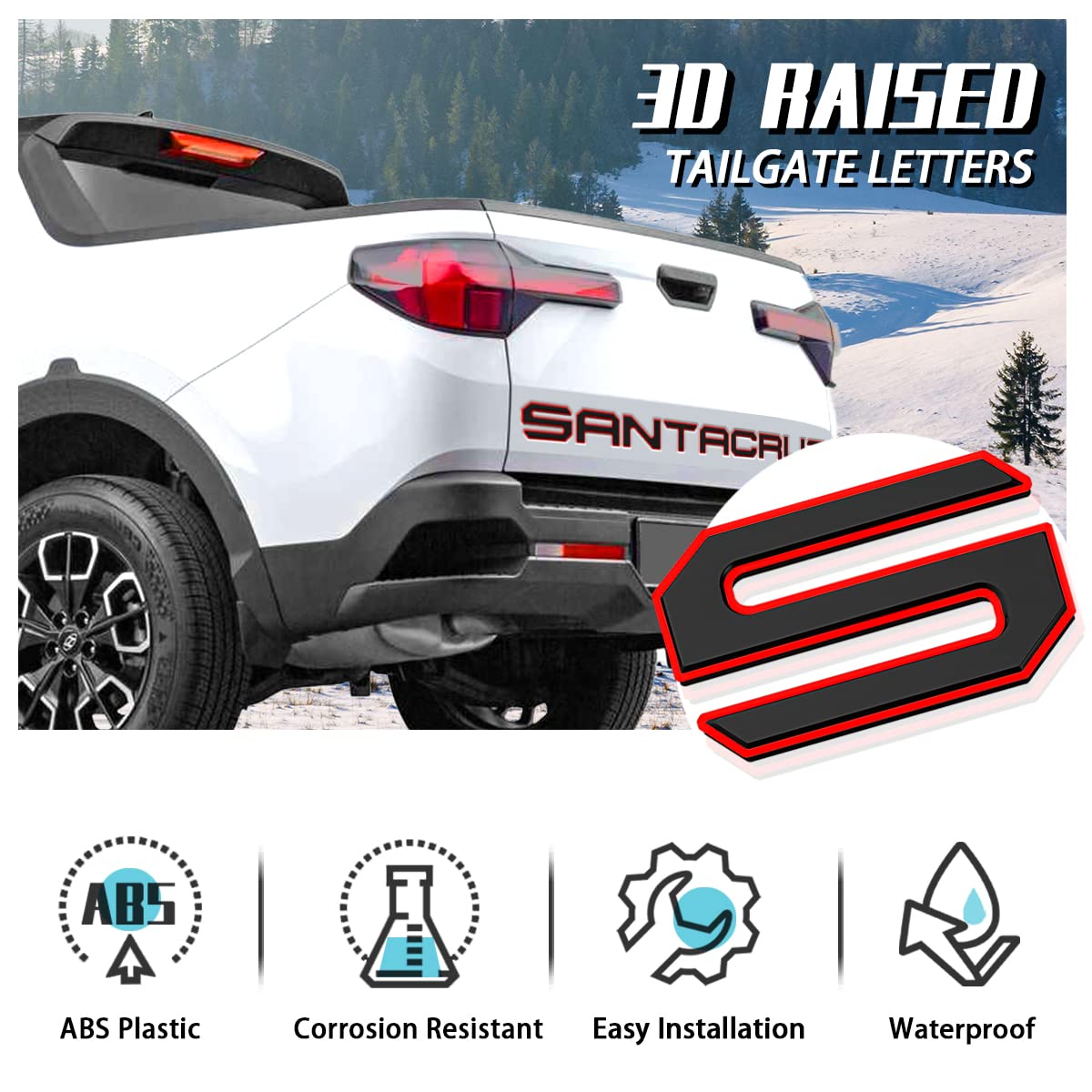 Tailgate Inserts Letters Compatible For 2022 2023 2024 2025 Santa Cruz 3D Raised & Strong Adhesive Decals Letters Rear Emblem Decal Sticker Compatible For Santa Cruz Accessories-Black Red