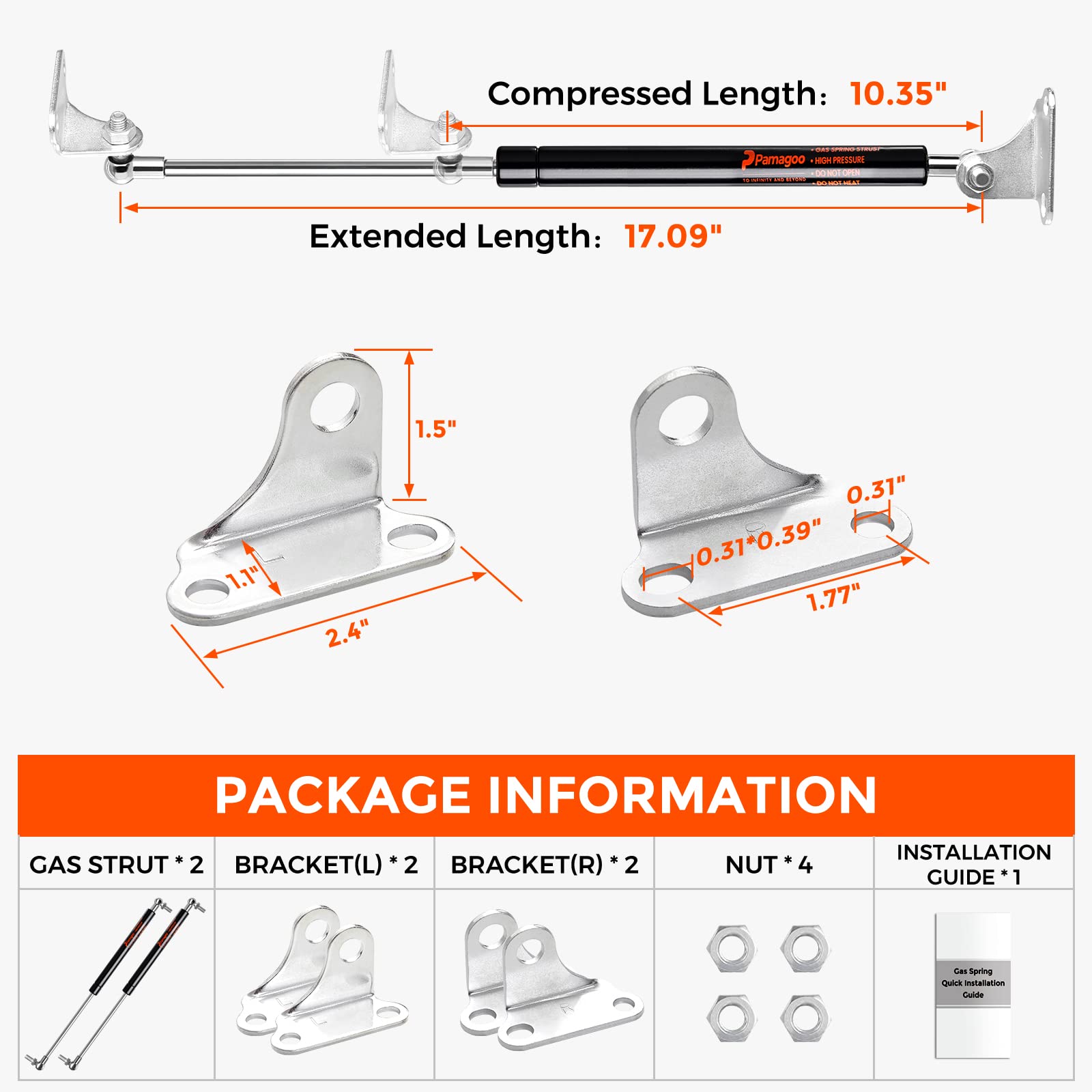 Pamagoo 17 Inch Gas Strut 100 Lbs 445 N Per Prop, 2 Pcs Gas Spring Shock With L-Type Mounts For Heavy Duty Lid, Toolbox Storage