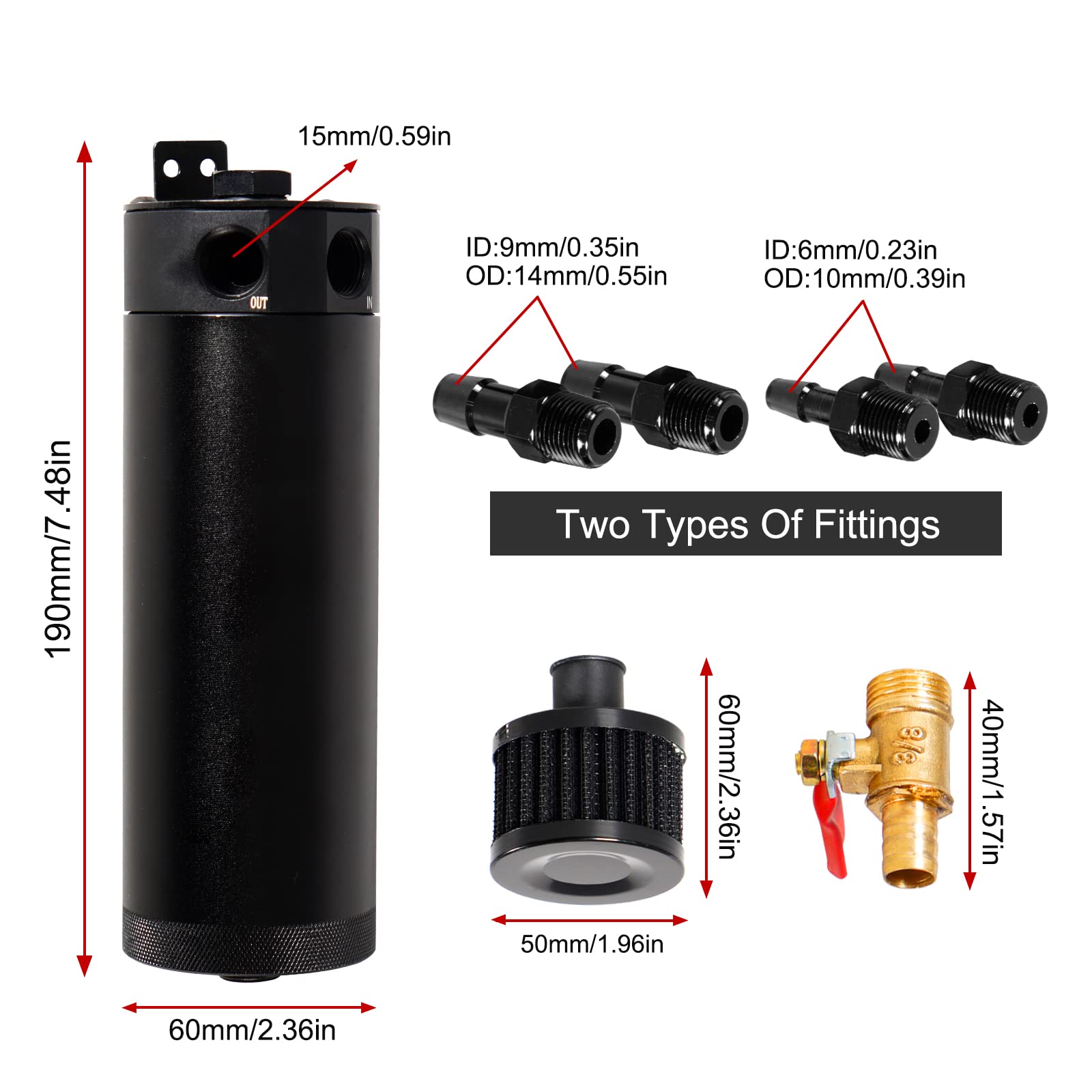 Yeshma Universal 750Ml Billet Aluminum Baffled 2-Port Oil Catch Can Reservoir Tank With Breather Filter With Drain Valve
