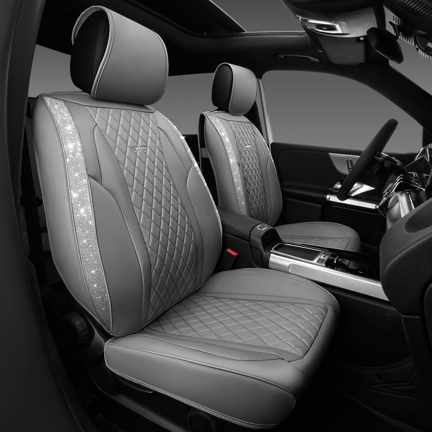 Car Pass Gray Leather Bling Car Seat Covers Full Set, Luxury Microfiber Nappa Pu Cushioned, Waterproof Anti-Slip Universal Fit F