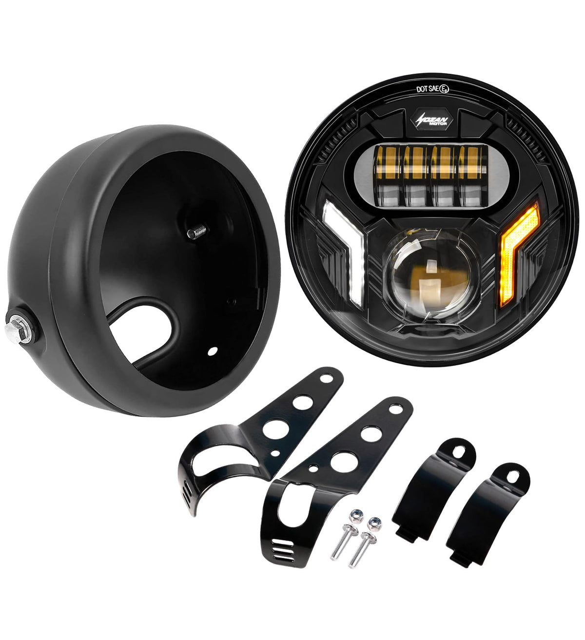 HENGTUAOTO 5-3/4 5.75'' White DRL/Amber Turn Signal Motorcycle Headlight with Headlight Housing Bucket Mount Brackets Compatible