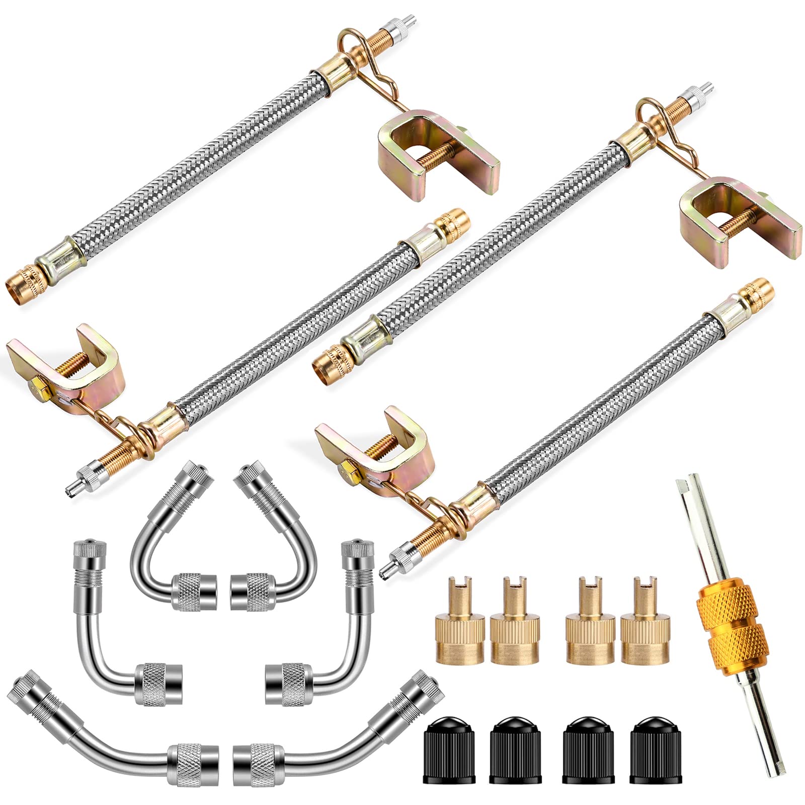 Valve Stem Extenders,4Pcs 7Inch/180Mm Dual Flexible Stainless Steel Braided Valve Stem Extensions,6Pieces 45 90 135 Degree Brass Valve Adaptors For Car Truck Motorhome Trailer Rv Trailer Vehicle