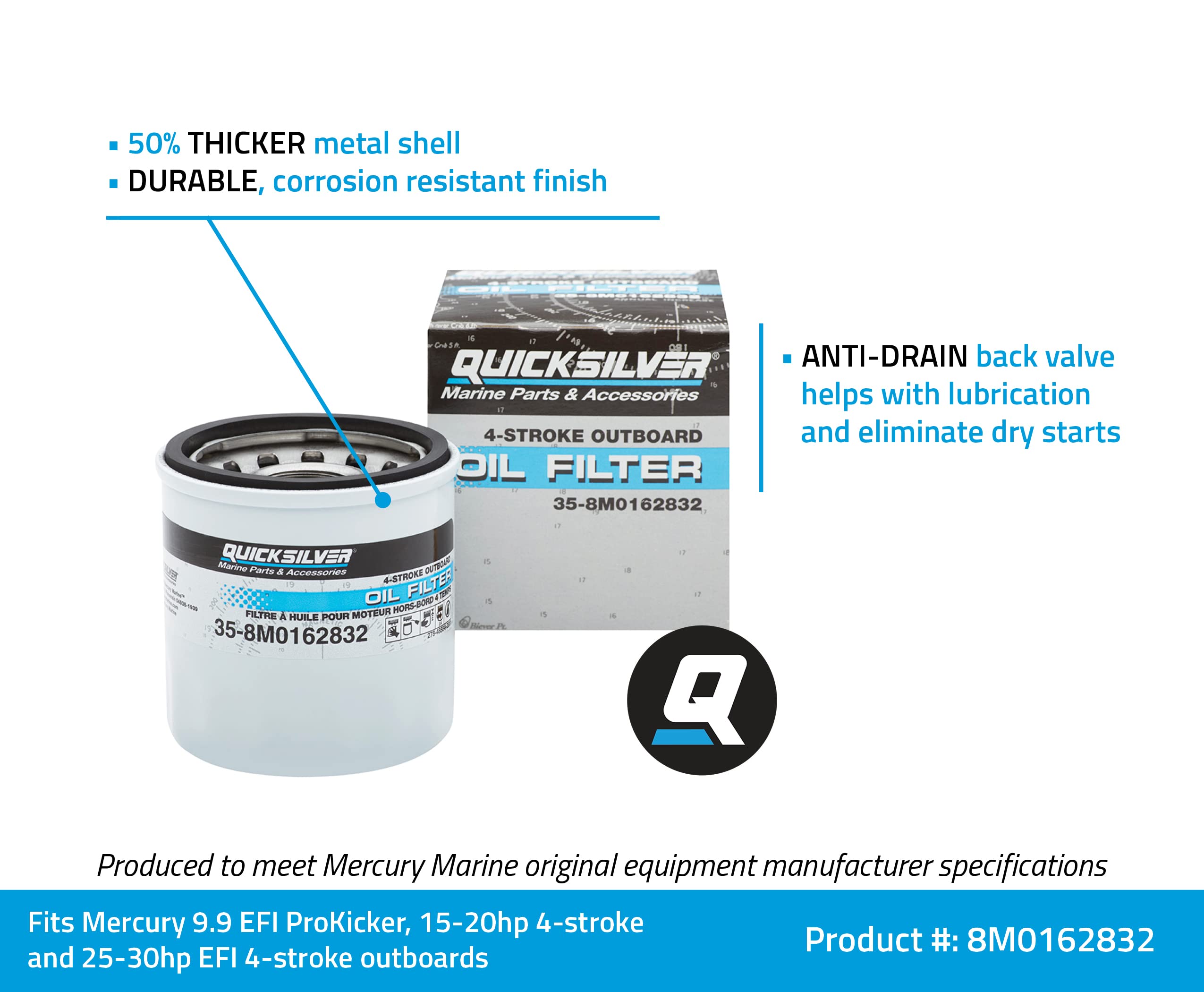 Quicksilver By Mercury Marine 8M0162832 Oil Filter For Select Mercury 9.9-30Hp Outboards