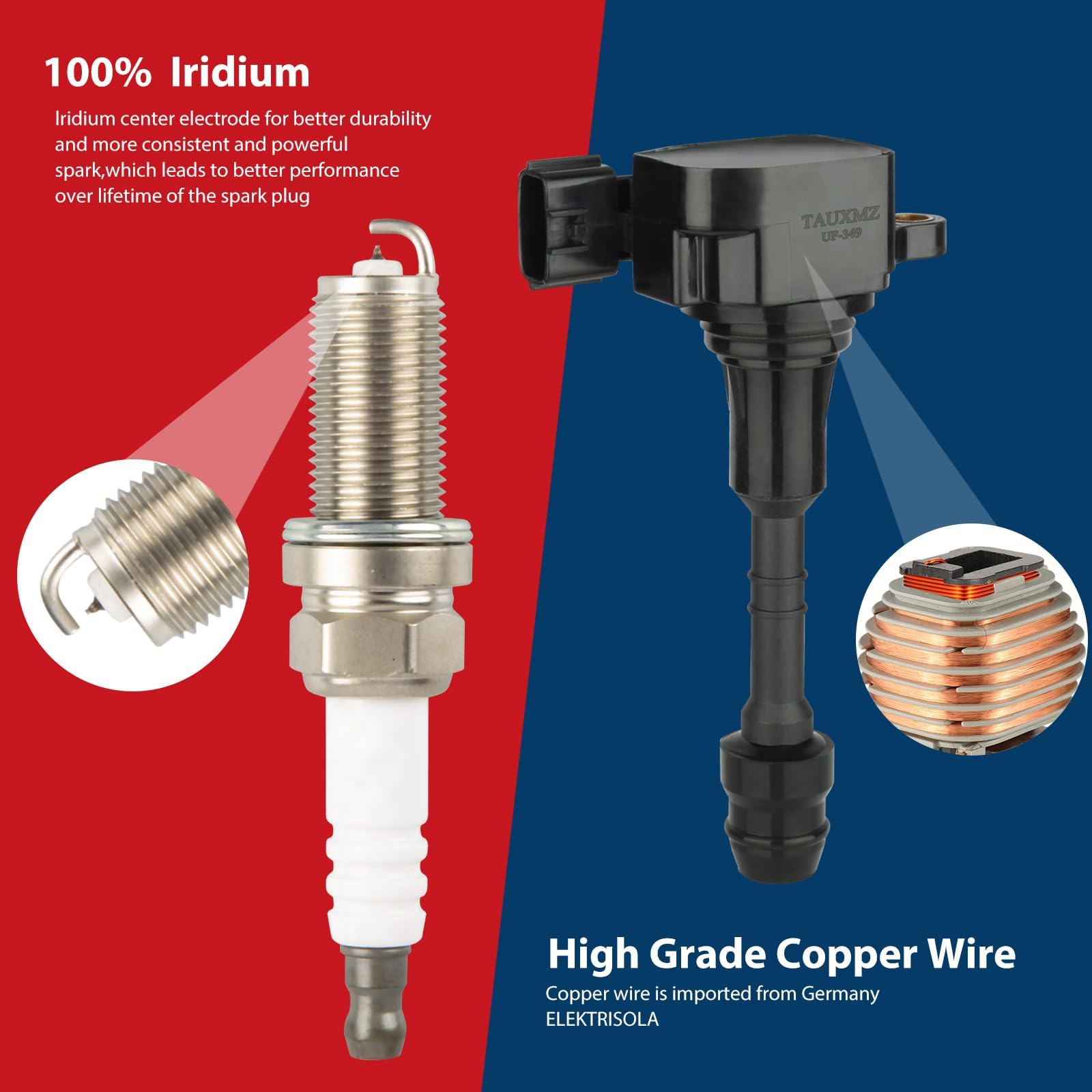 Ignition Coil Pack UF349 and Iridium Spark Plugs 6376 Replacement for Nissan Quest Maxima Altima Frontier Murano Pathfinder Xter