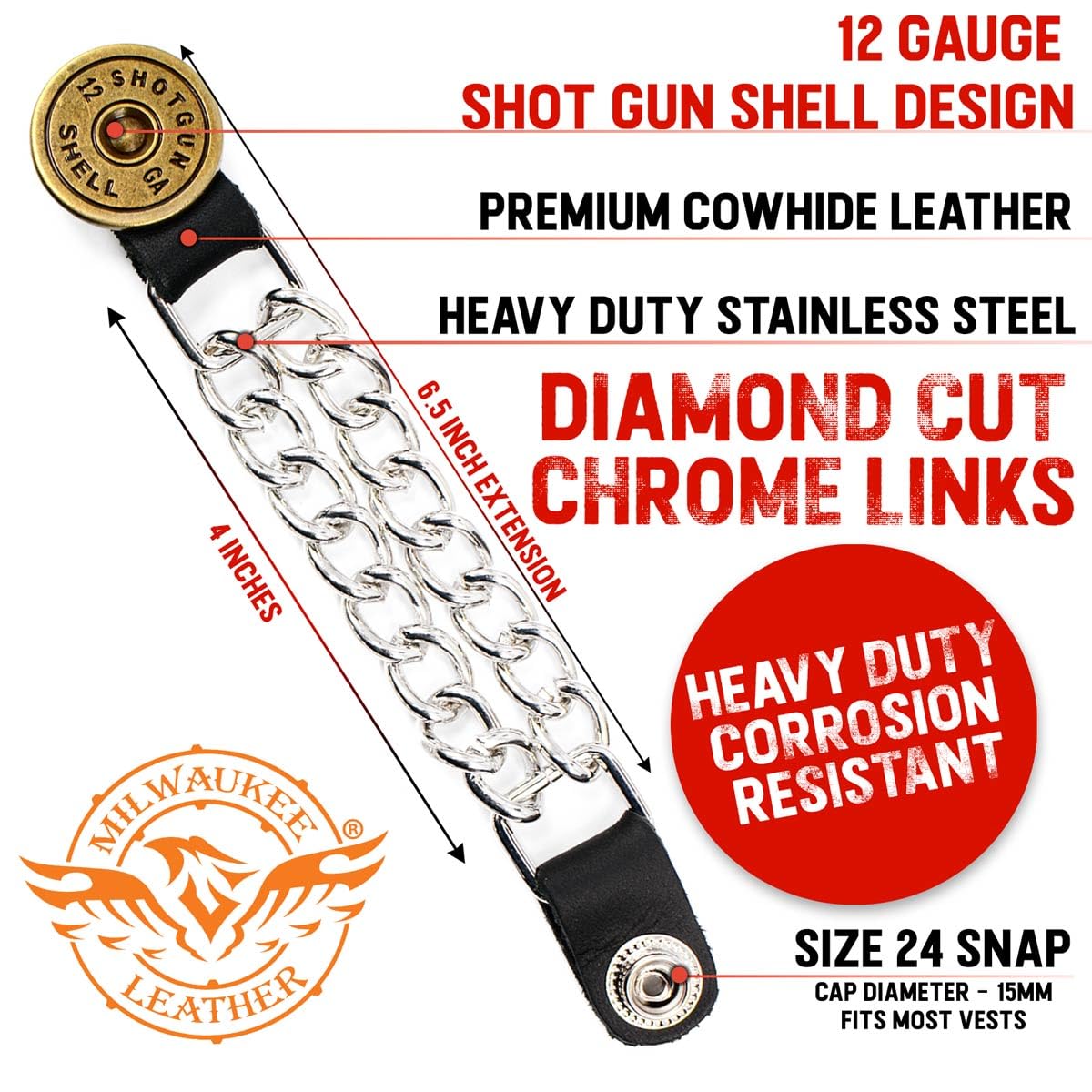 Milwaukee Leather 12 Gauge Shell Medallion Vest Extender - Double Chrome Chains Genuine Leather 6.5 Extension 4-PCS MLA6025SET