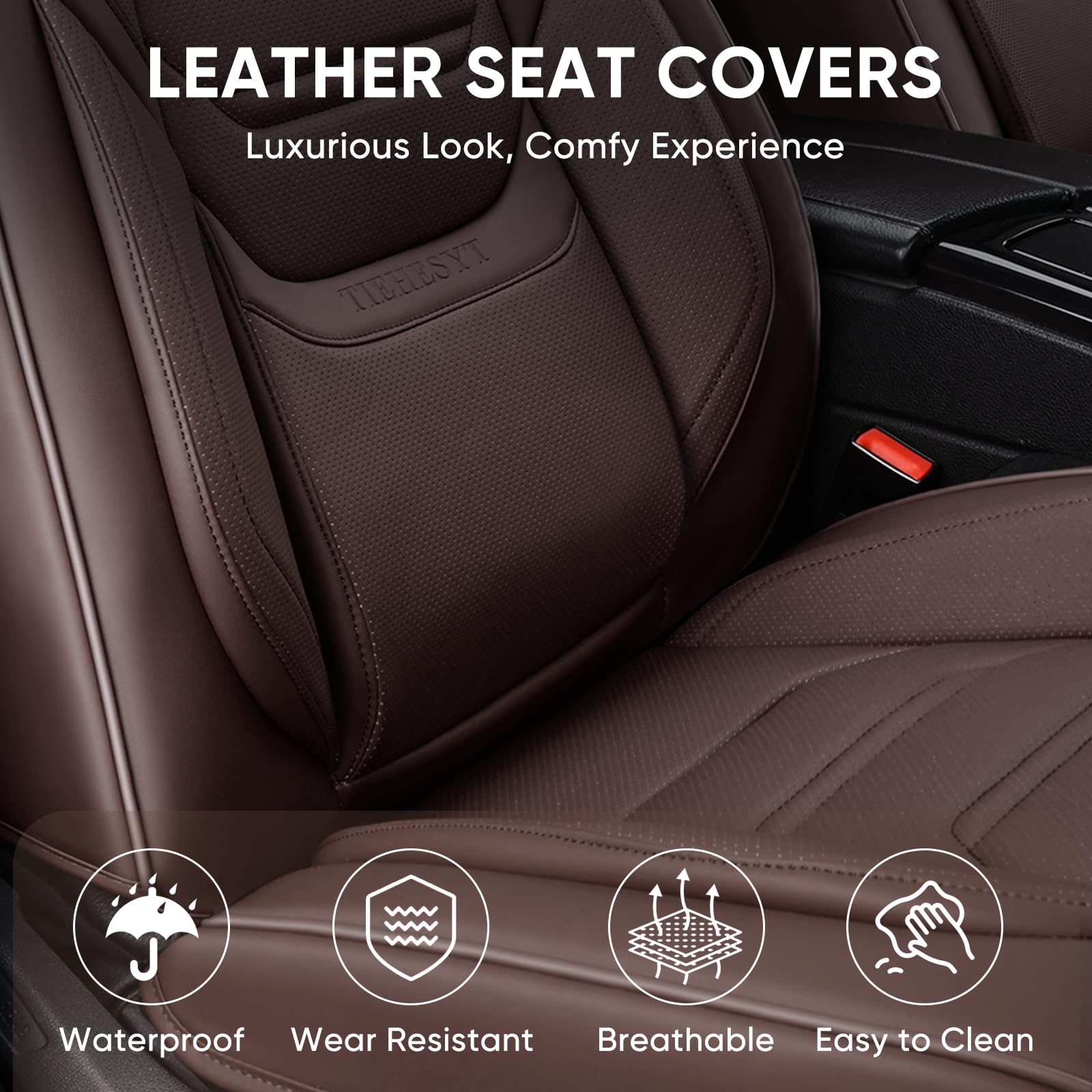 Tiehesyt Mature Brown Car Seat Covers, Breathable Faux Leather, Universal Fit, Front Pair With Headrest, Compatible With Most Ve