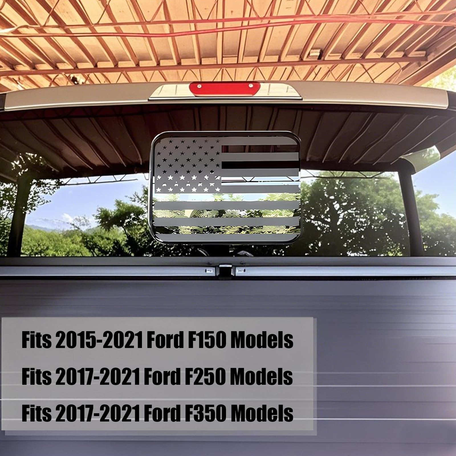 Fits Ford F150 F250 F350 2004-2024 Rear Middle Back Sliding Window American US Flag Vinyl Decal Matte Black Exterior Accessories