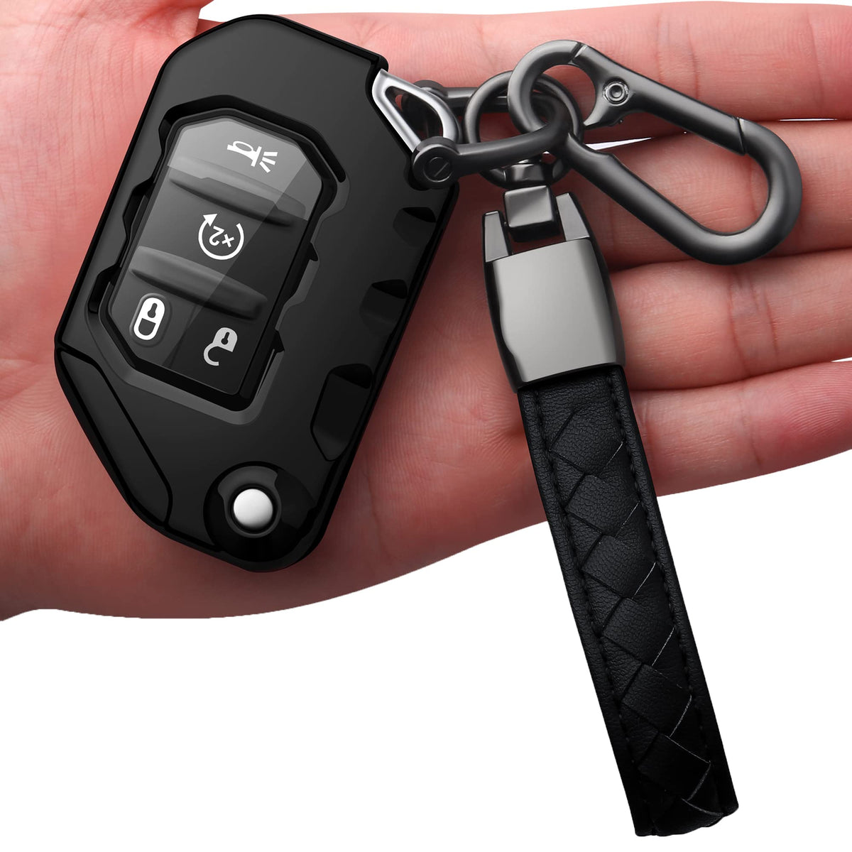 Autophone Compatible With Jeep Key Fob Cover With Leather Keychain Soft Tpu Protection Key Case For 2018 2019 2020 2021 Wrangler Jl Gladiator Remote Key（Black）