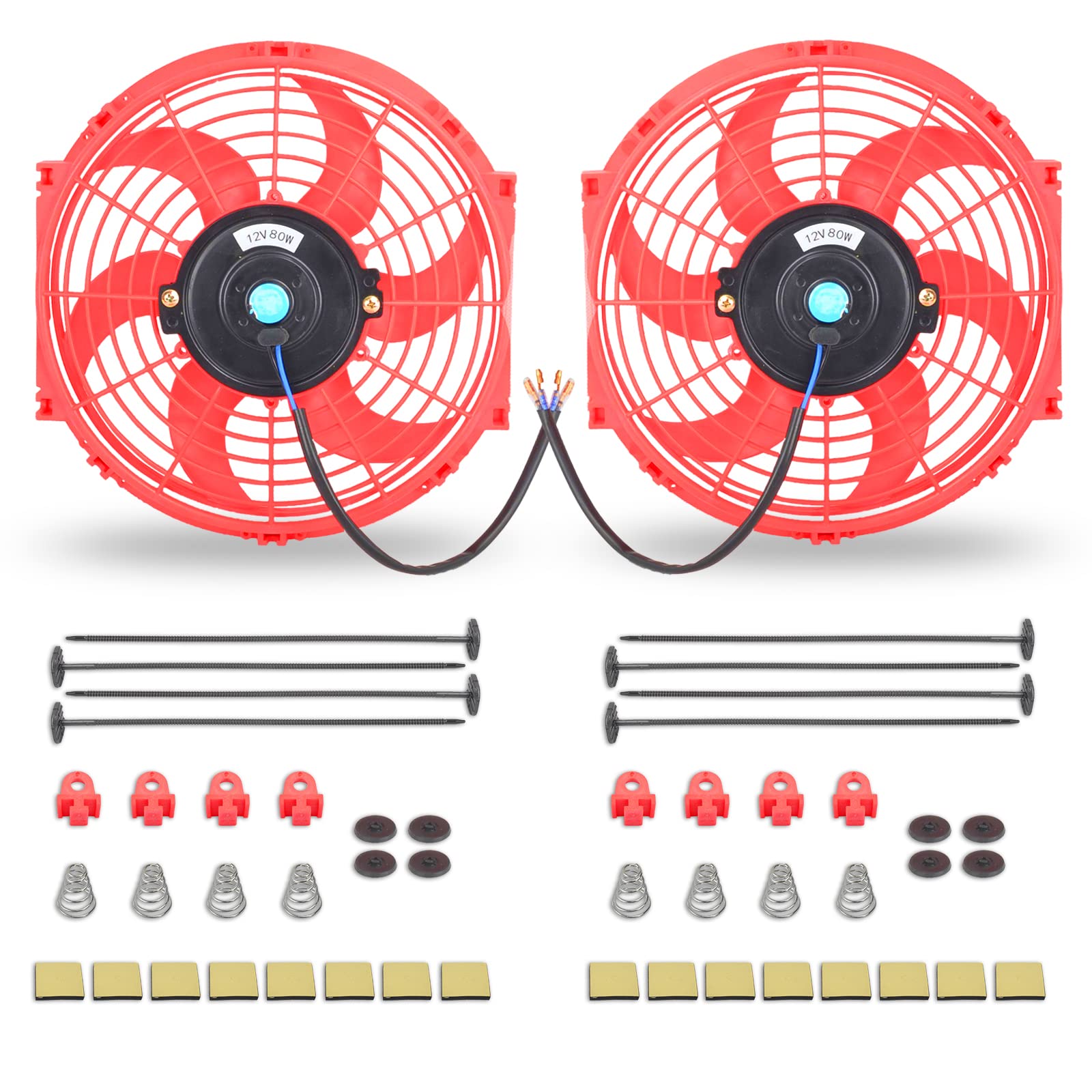 Fgjqefg 10 Inch Universal Slim Fan Push Pull Electric Radiator 12V 80W High Performance Cooling Fan Mount Kit Red 2 Pcs